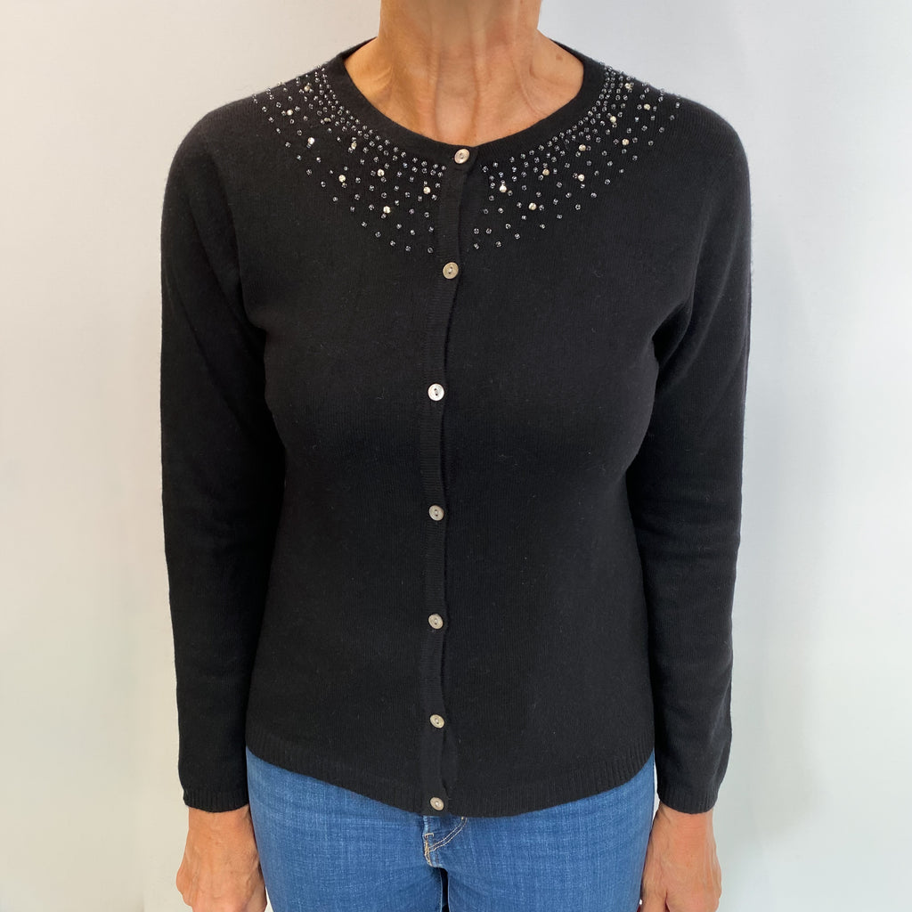 Black Embellished Cashmere Crew Neck Cardigan Medium