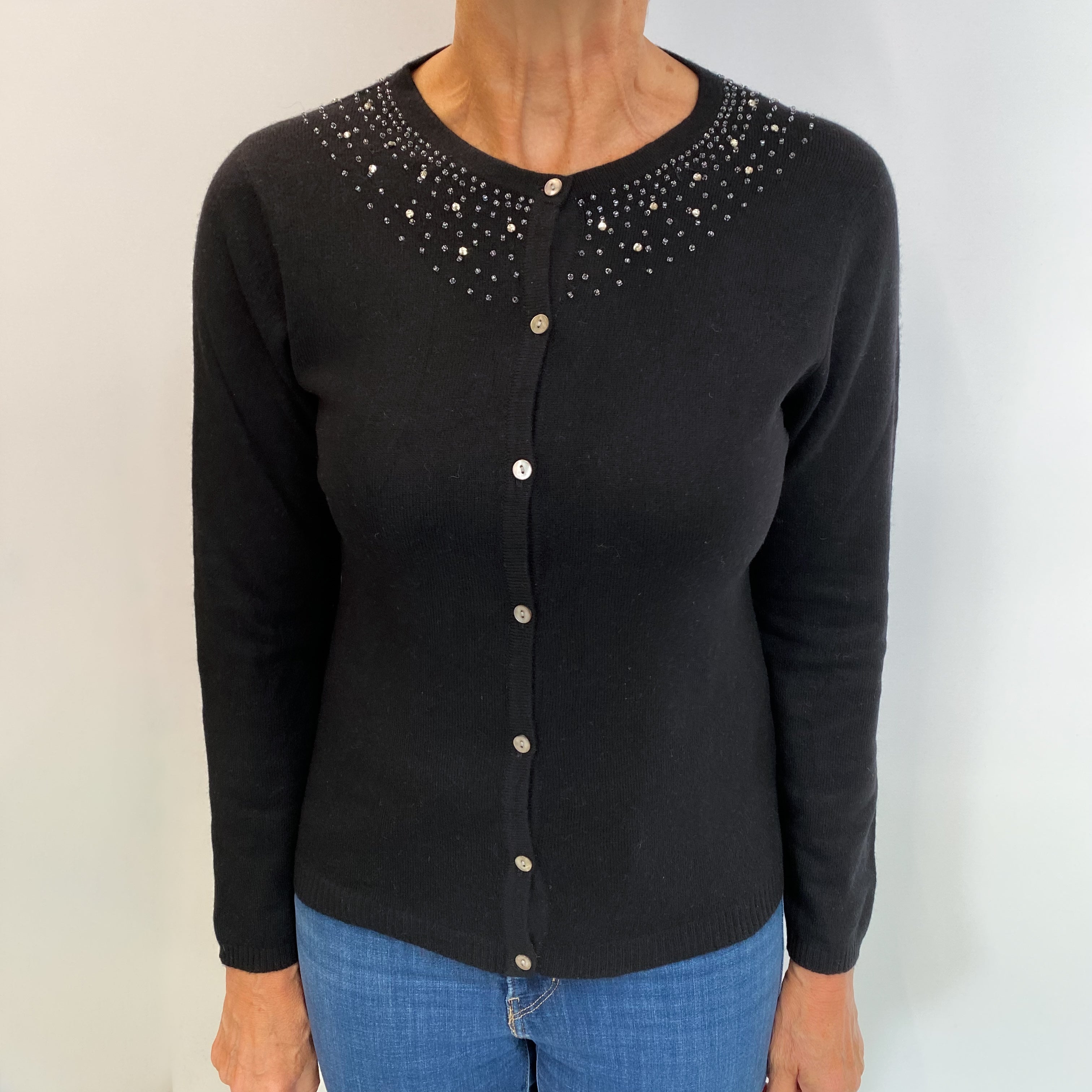 Black Embellished Cashmere Crew Neck Cardigan Medium