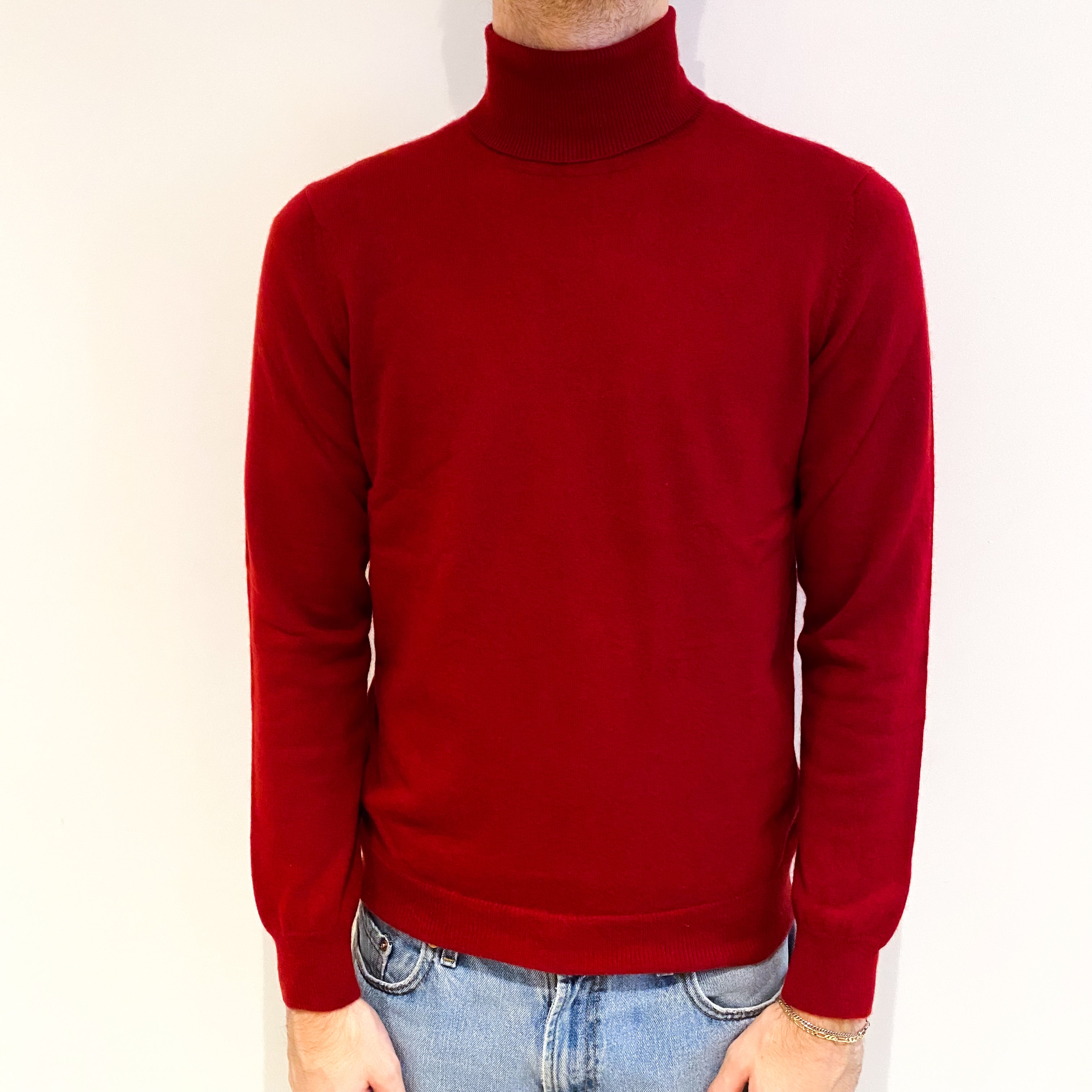 Men's Post Box Red Cashmere Polo Neck Jumper Large