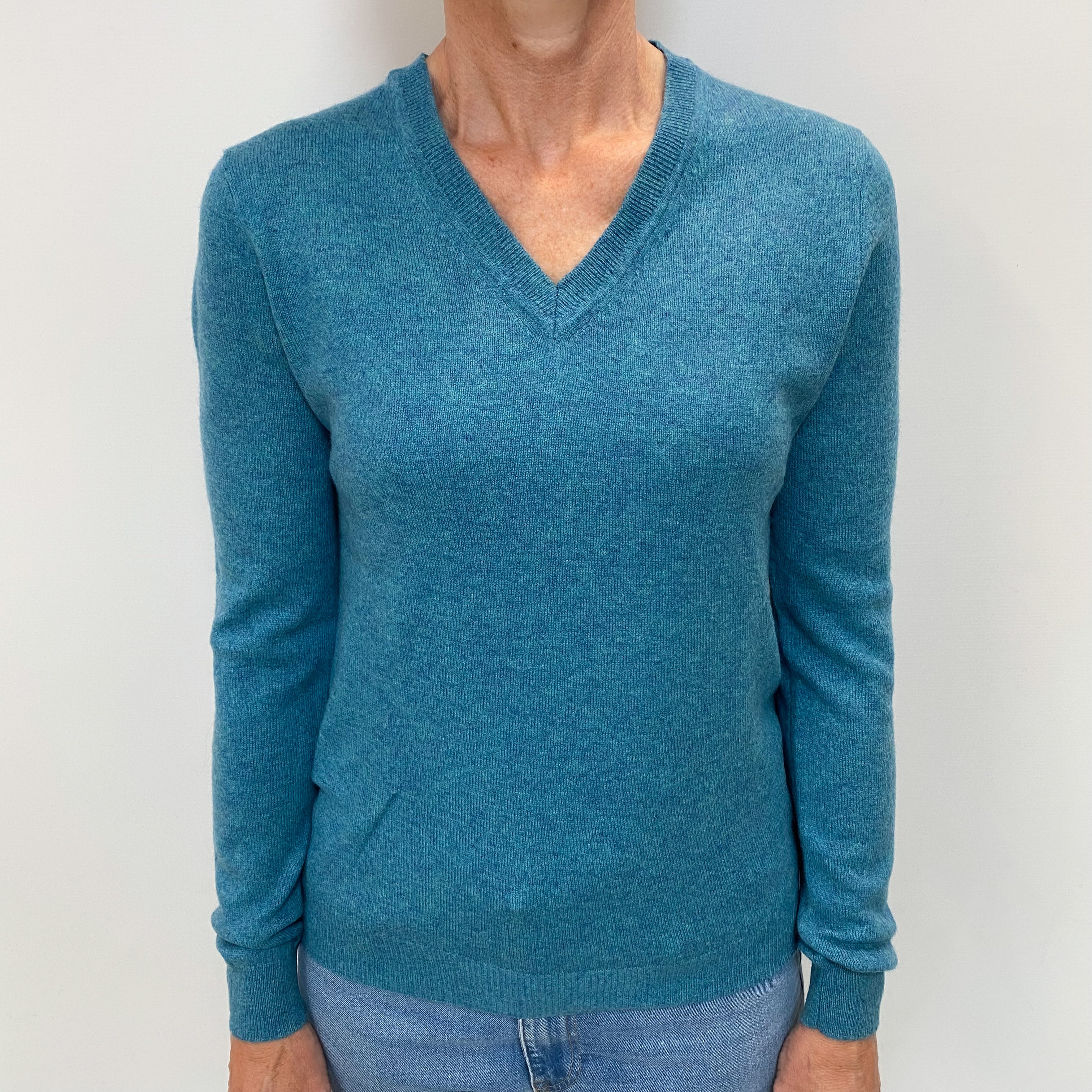 Deep Aqua Blue Cashmere V Neck Jumper Small