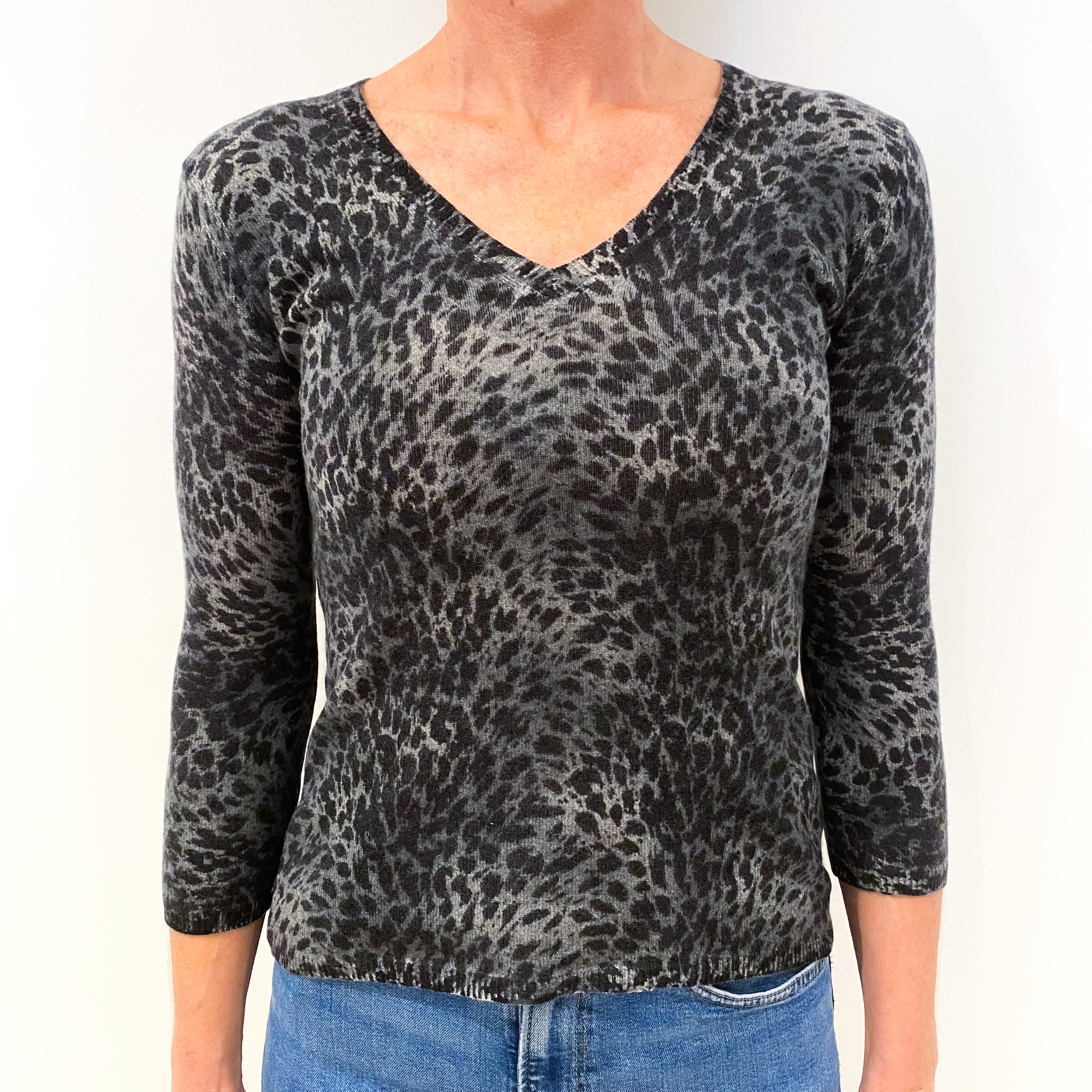 Grey Leopard Print Cashmere V-Neck Jumper Small