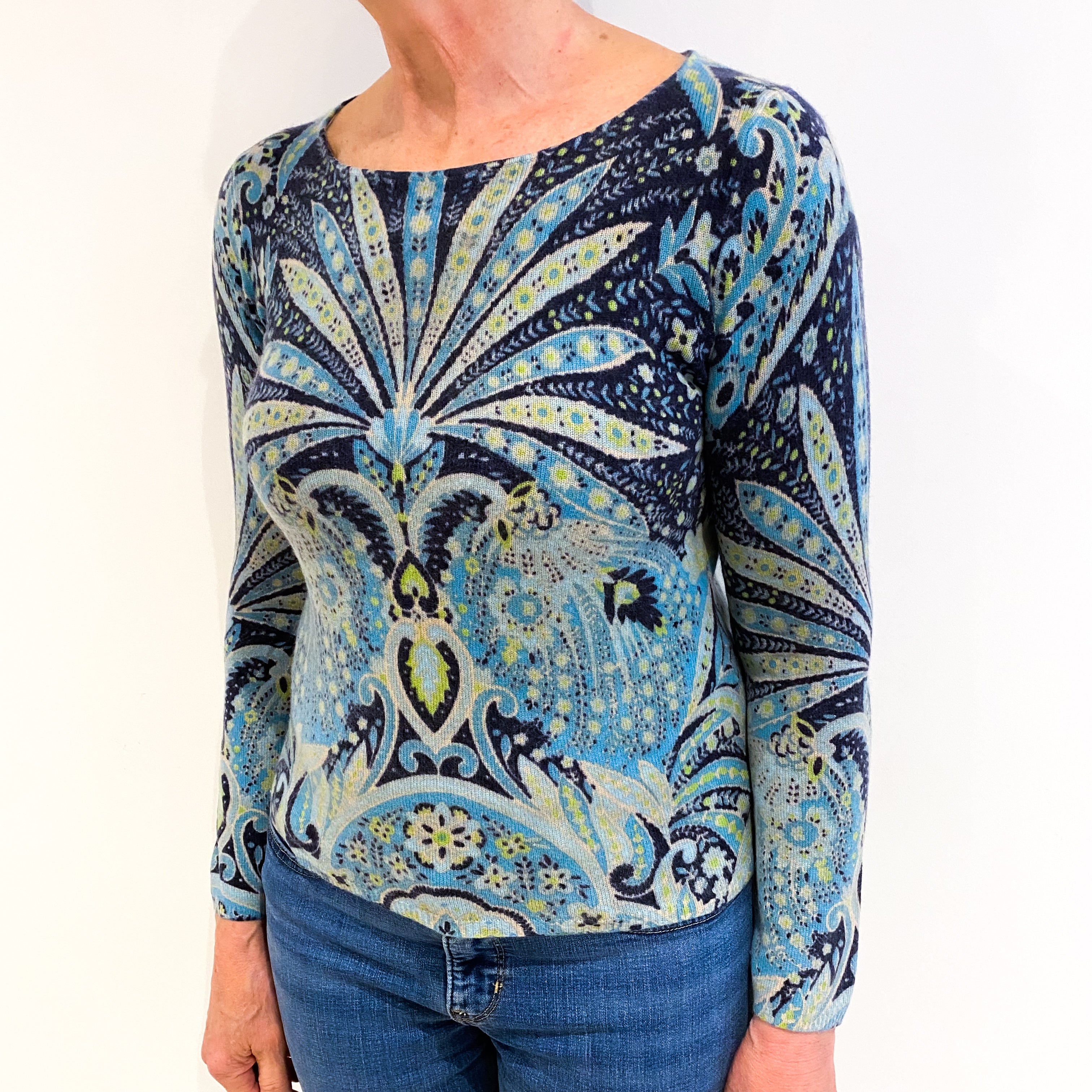 Blue Patterned Cashmere Crew Neck Jumper Medium