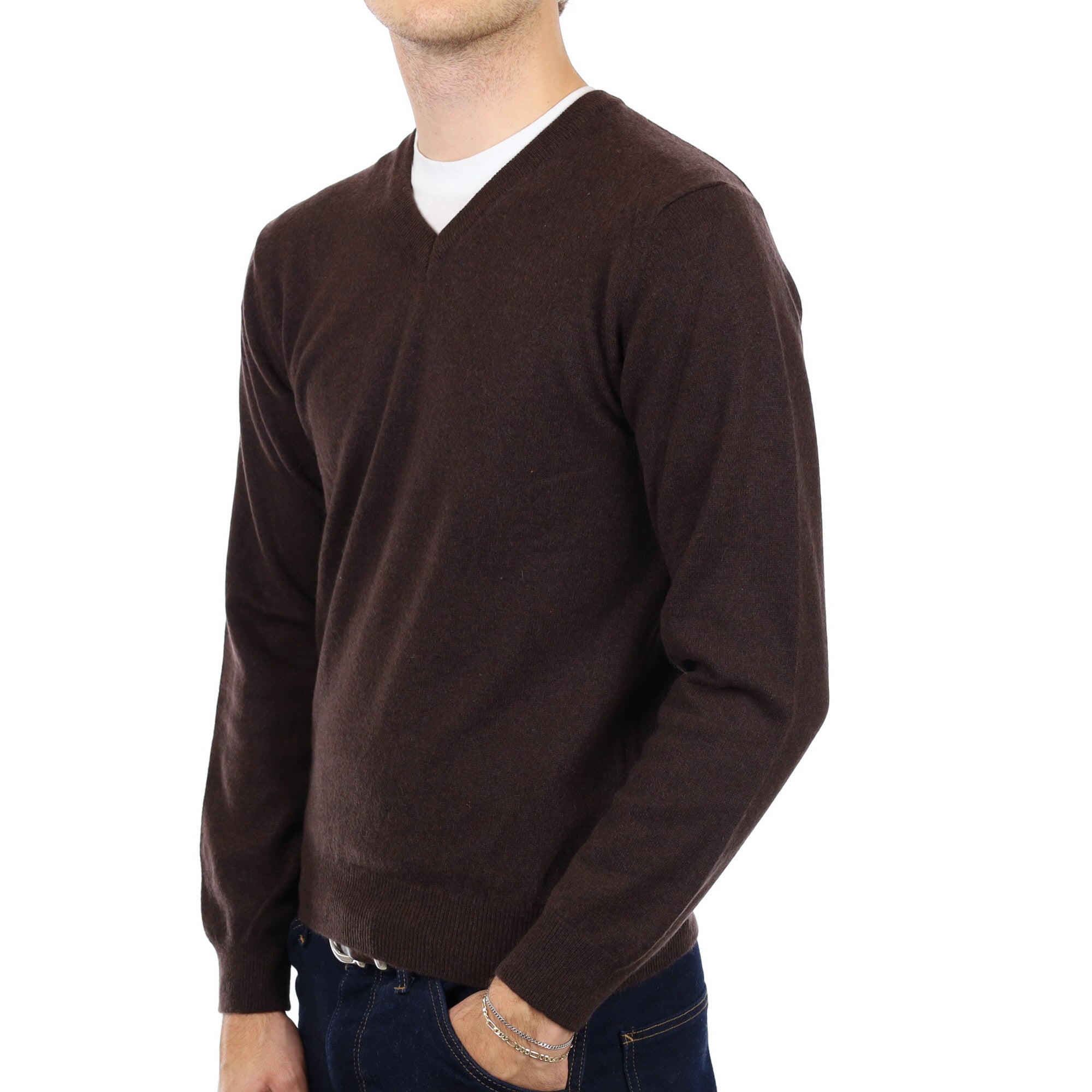 Men's Italian Peppercorn Brown Cashmere V Neck Jumper Medium