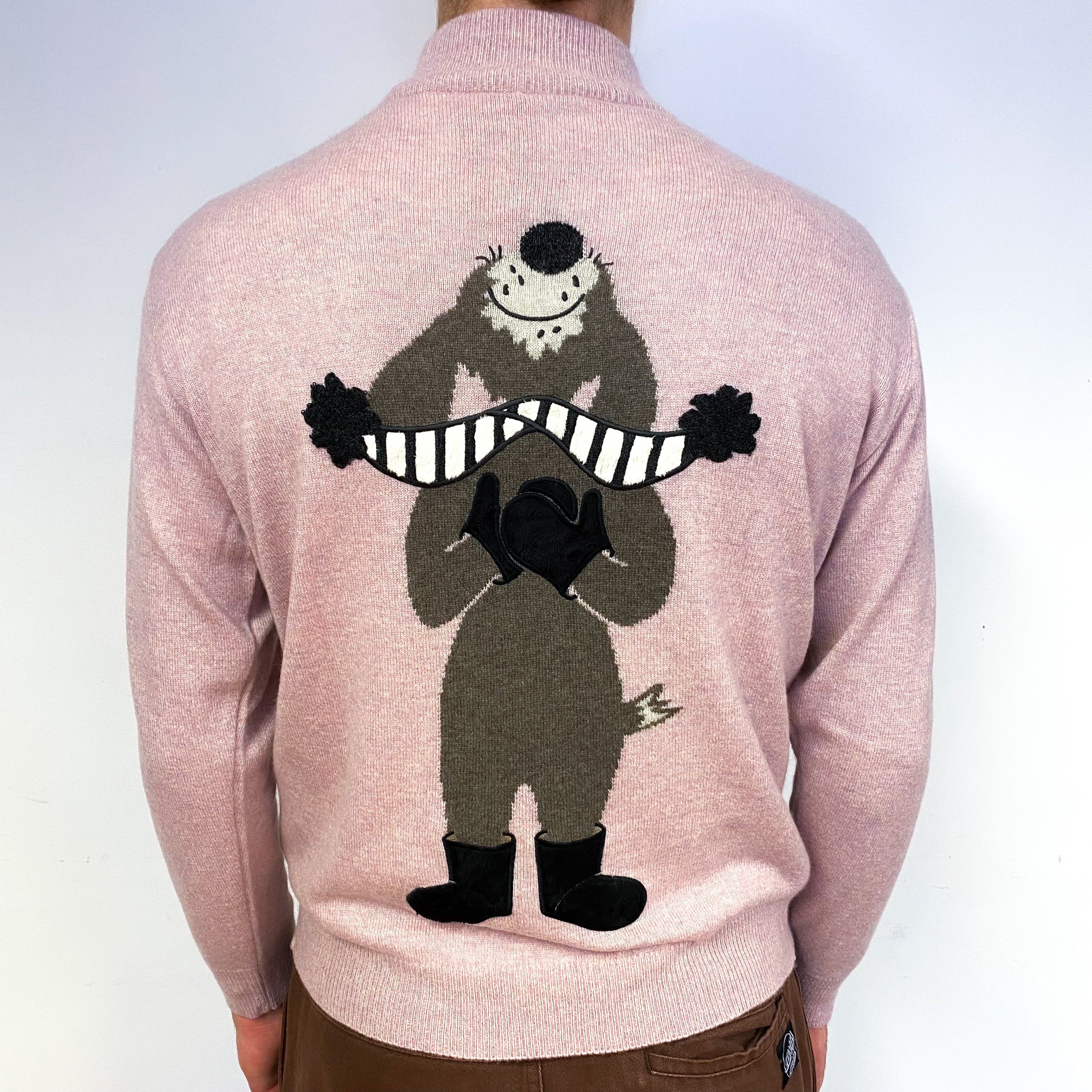 Men's Mauve Pink Animal Motif Cashmere Turtle Neck Jumper Large