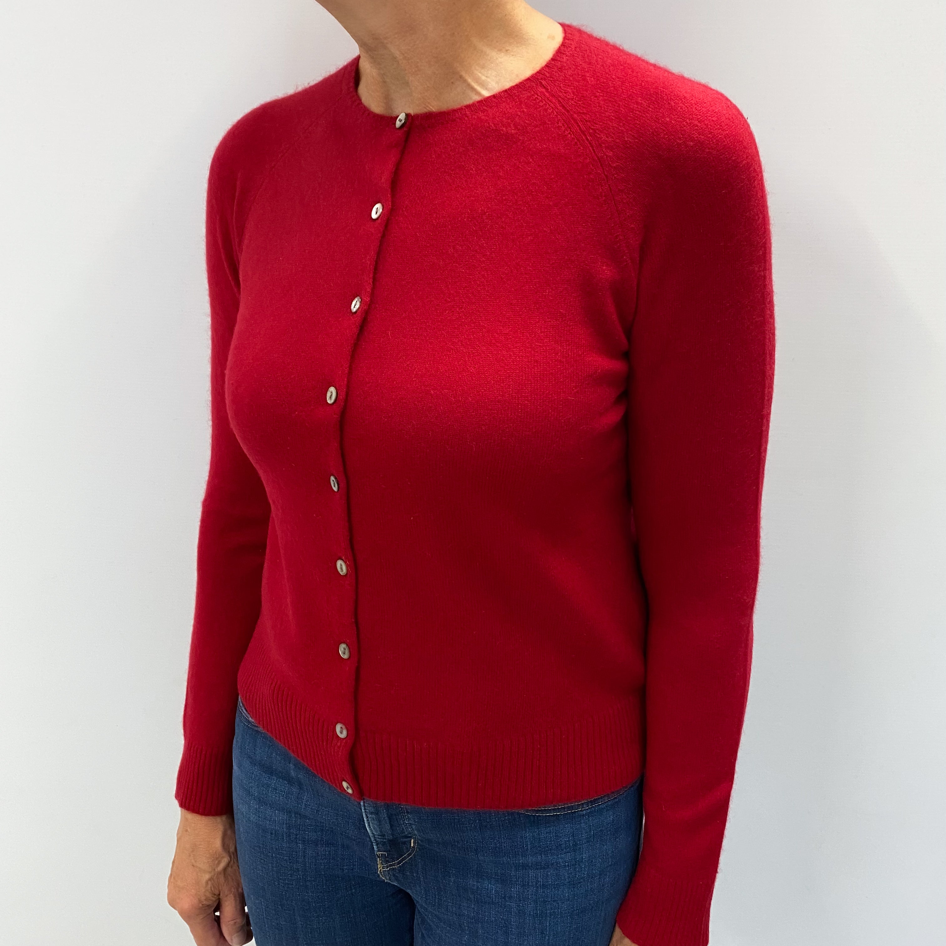 Post Box Red Cashmere Crew Neck Cardigan Medium