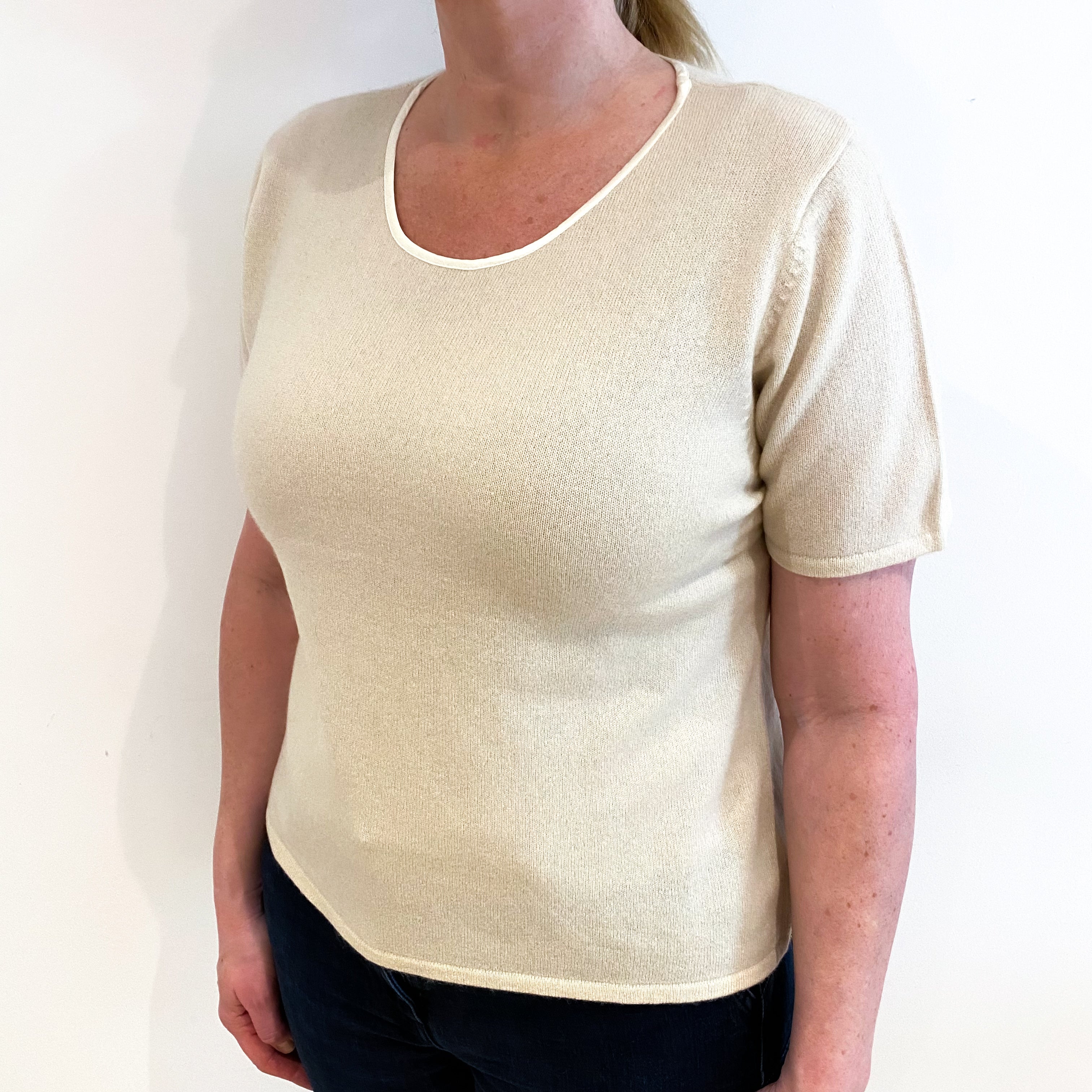 Soft Beige Cashmere Crew Neck Short Sleeved Jumper Large