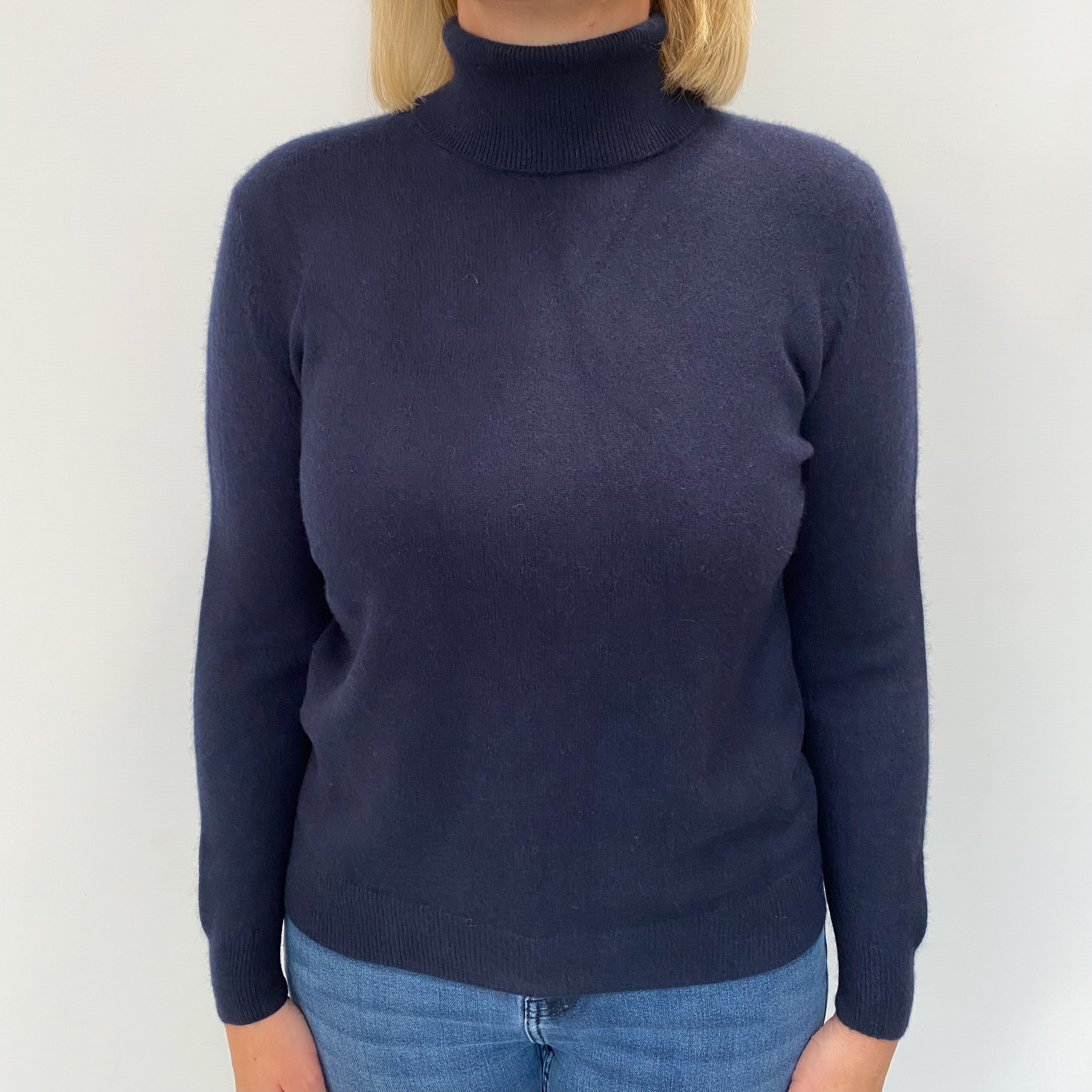 Navy Blue Cashmere Polo Neck Jumper Large