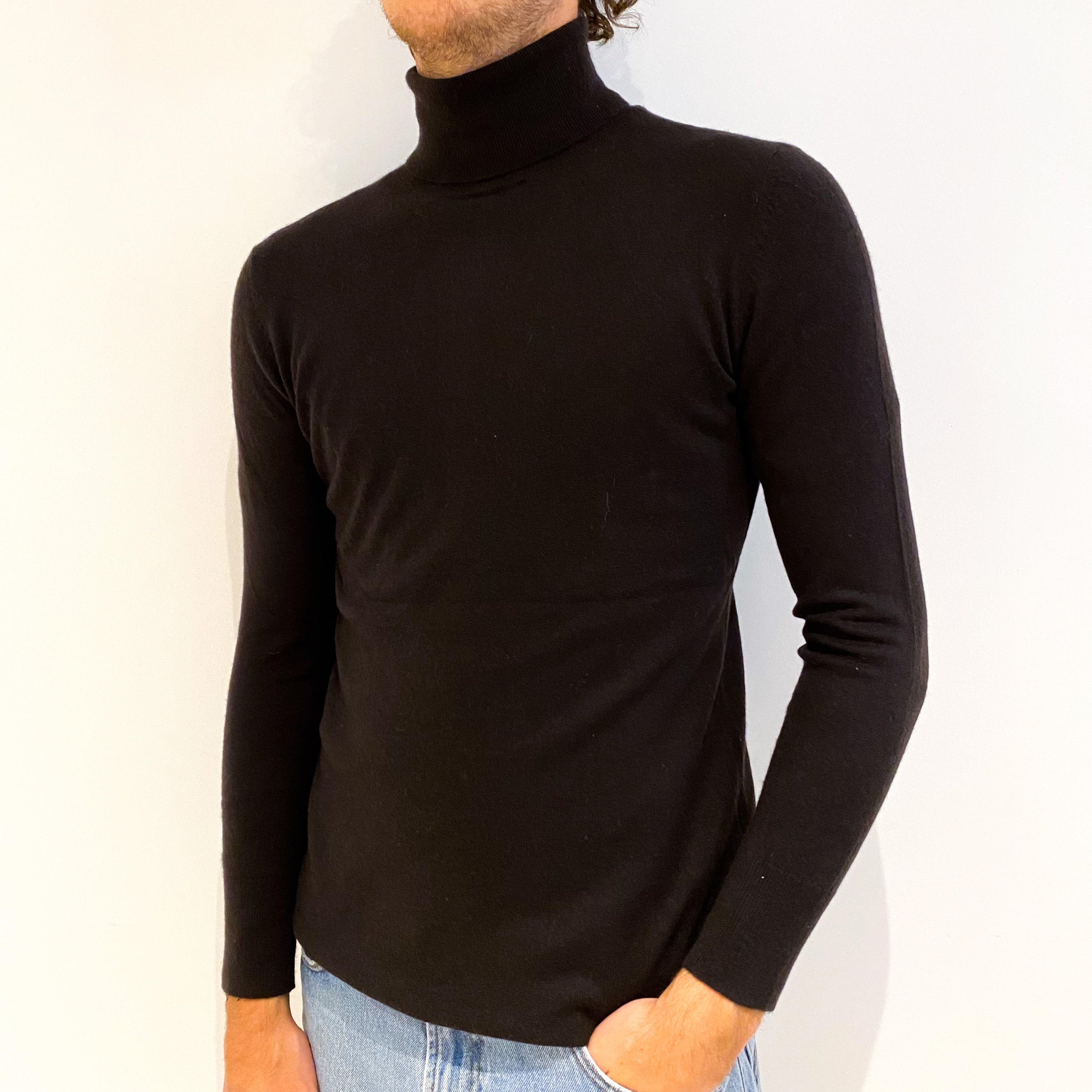 Men's Dark Chocolate Brown Cashmere Polo Neck Jumper Medium