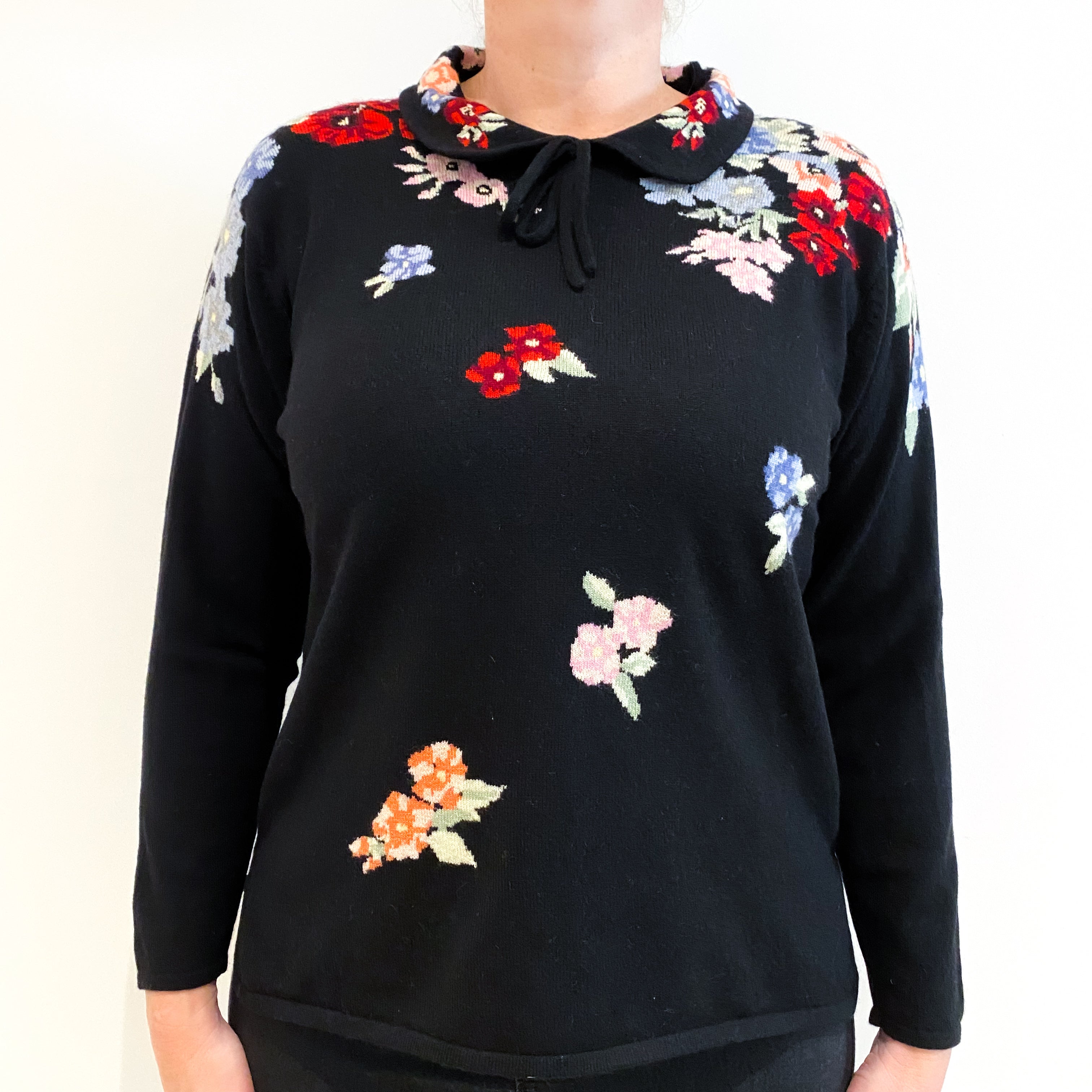 Black Floral Cashmere Collared Crew Neck Jumper Large