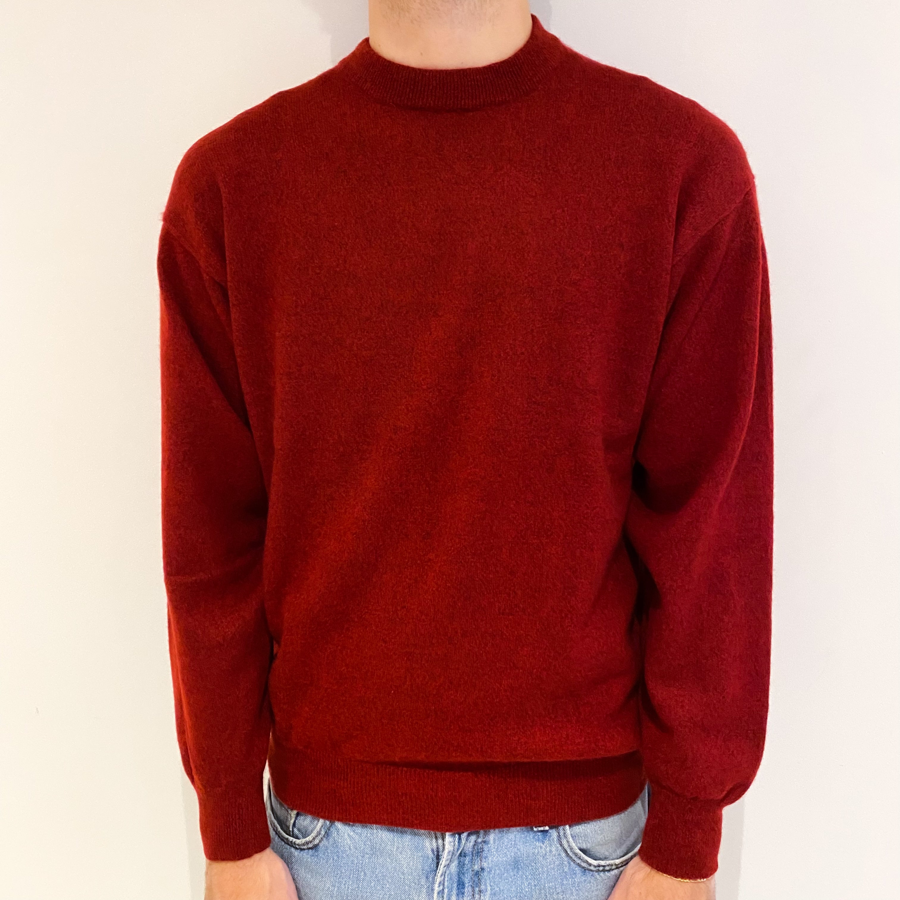 Men's Crimson Red Cashmere Crew Neck Jumper Large