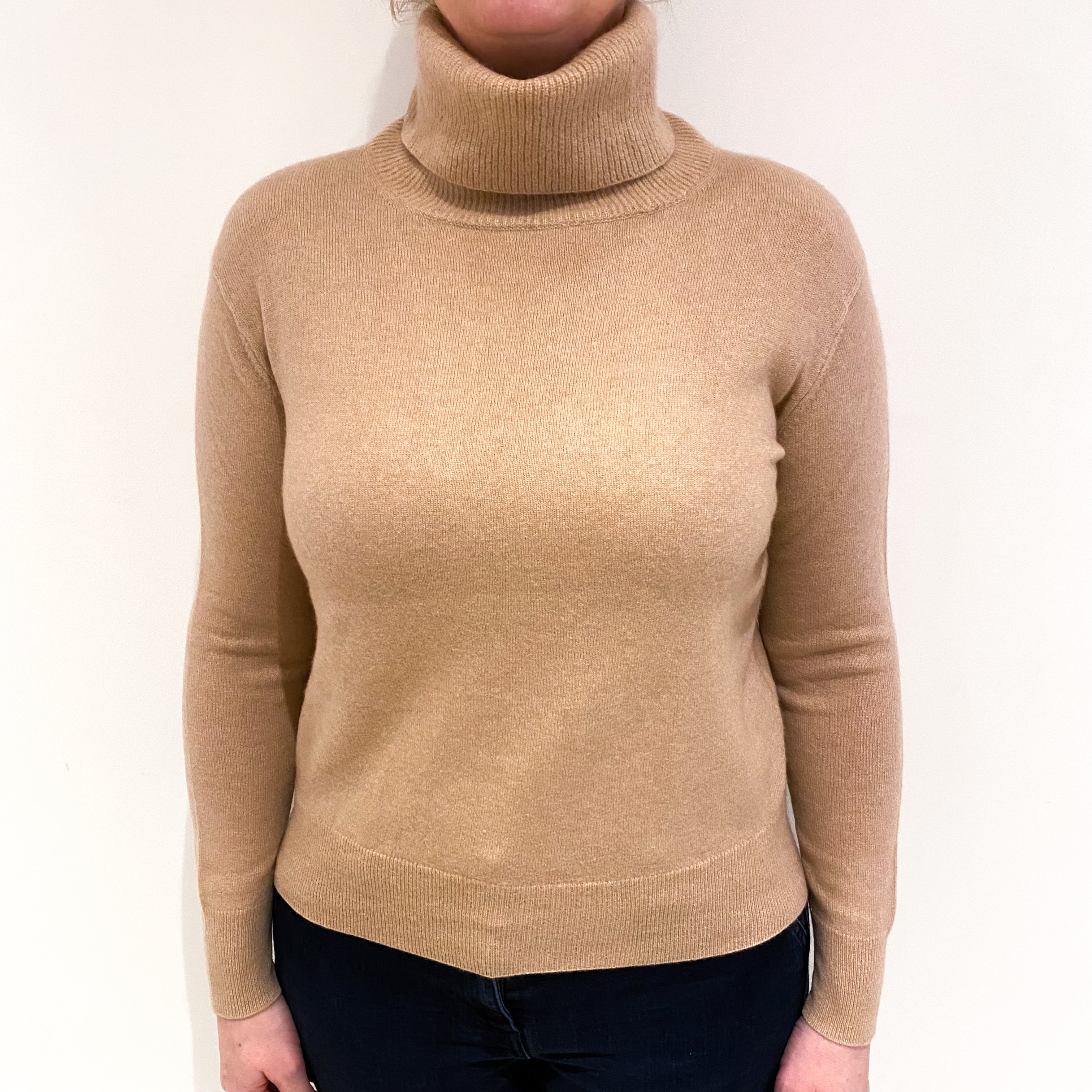 Nude Beige Cashmere Polo Neck Jumper Large