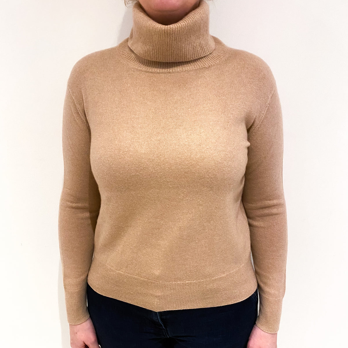Nude Beige Cashmere Polo Neck Jumper Large