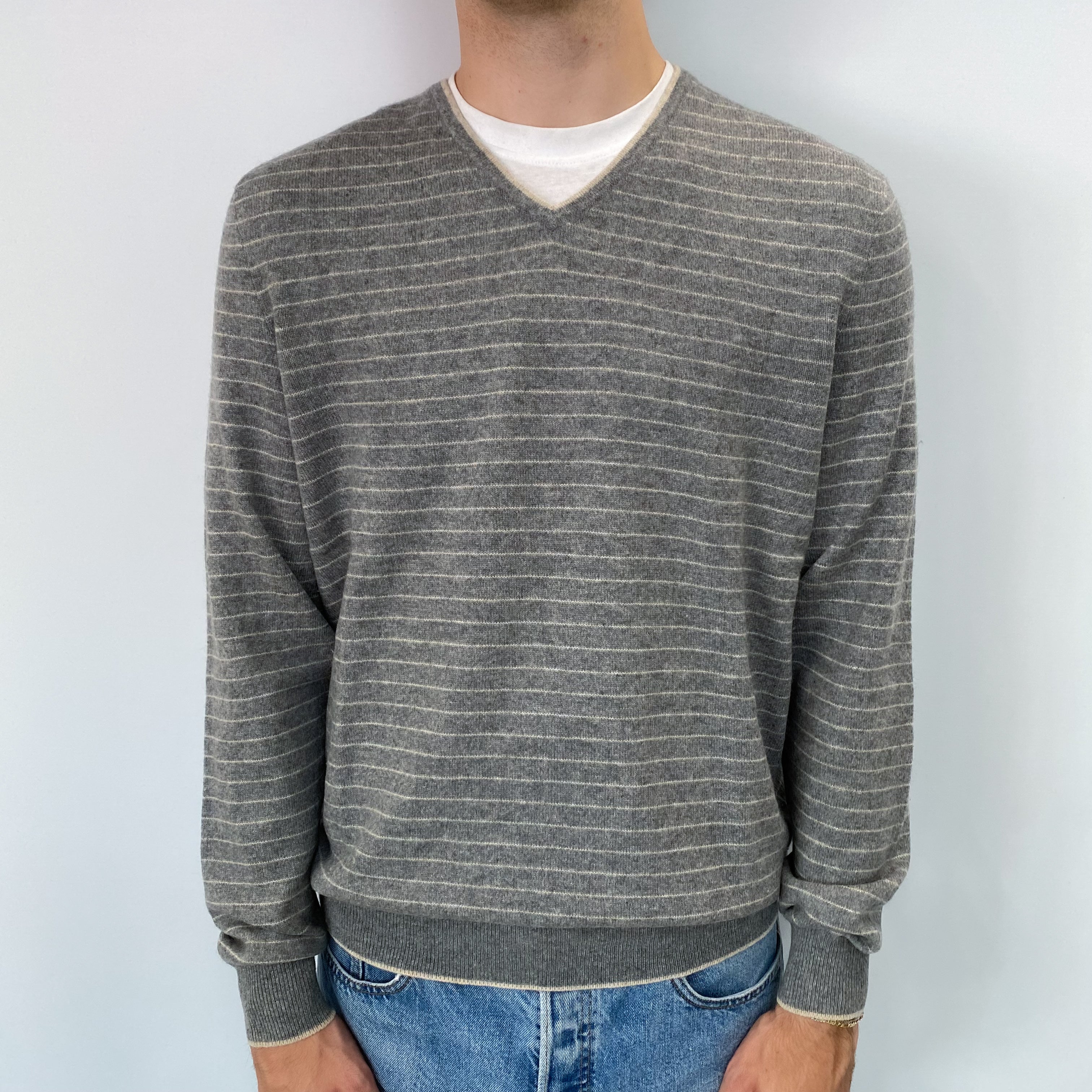 Men's Grey Striped Cashmere V Neck Jumper Large