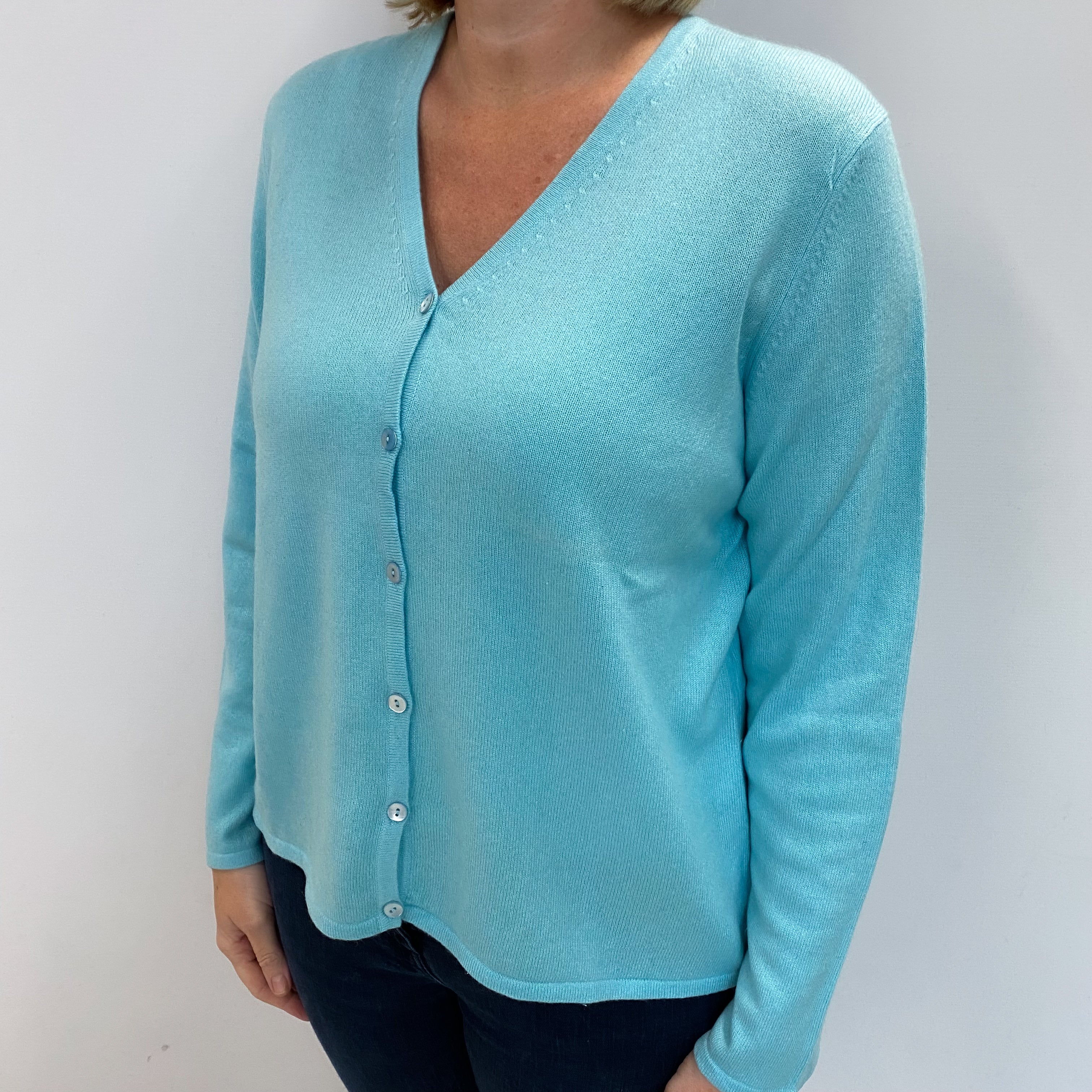 Aqua Blue Cashmere V Neck Cardigan Large