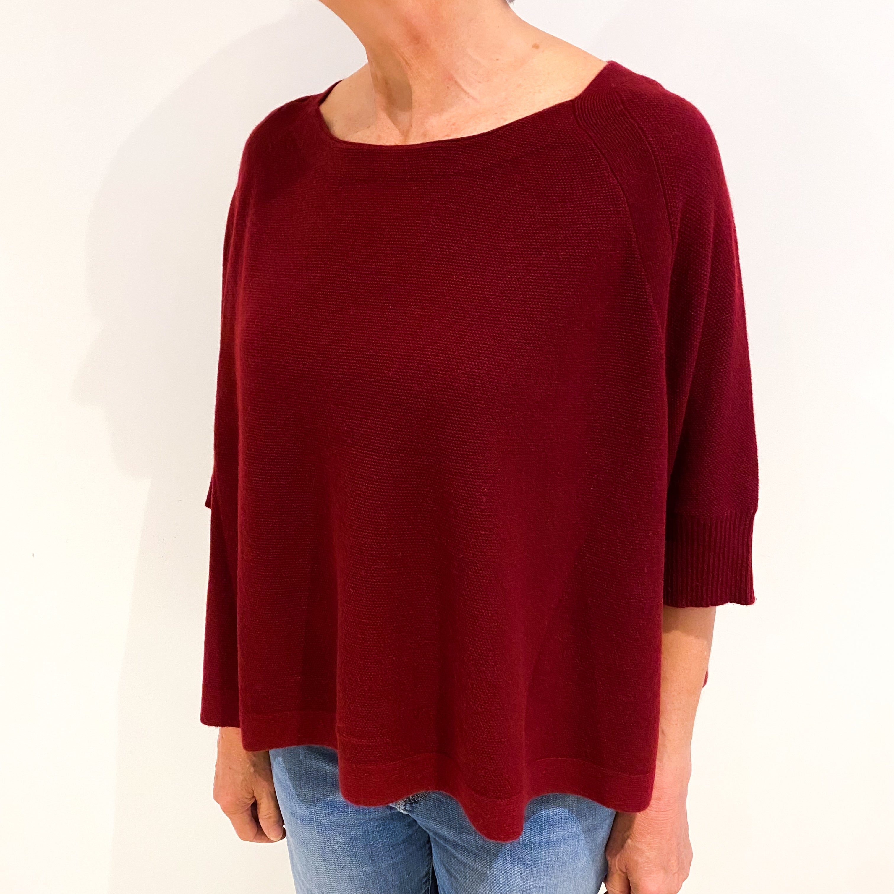 Burgundy Red Cashmere Slash Neck Poncho Style Jumper Medium