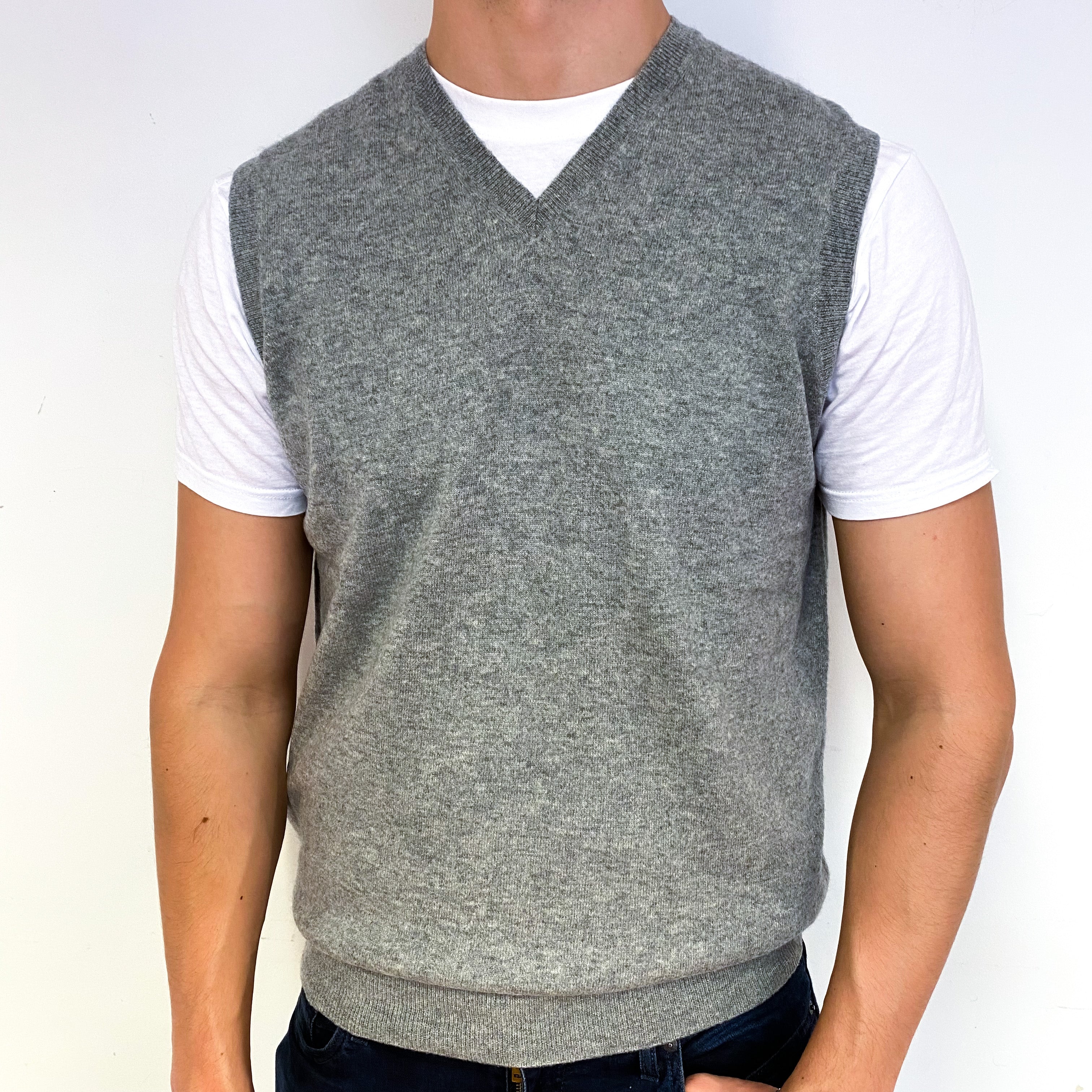 Men's Ash Grey Cashmere V-Neck Tank Top Extra Large