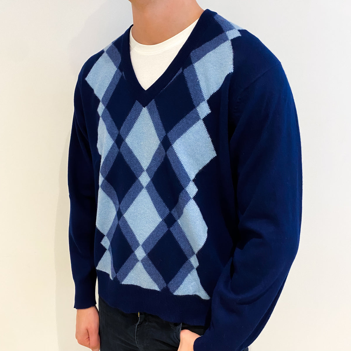 Men's Midnight Blue Diamond Cashmere V Neck Jumper XXL