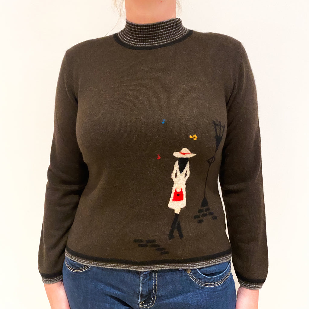 Peppercorn Brown Lady Motif Cashmere Turtle Neck Jumper Large