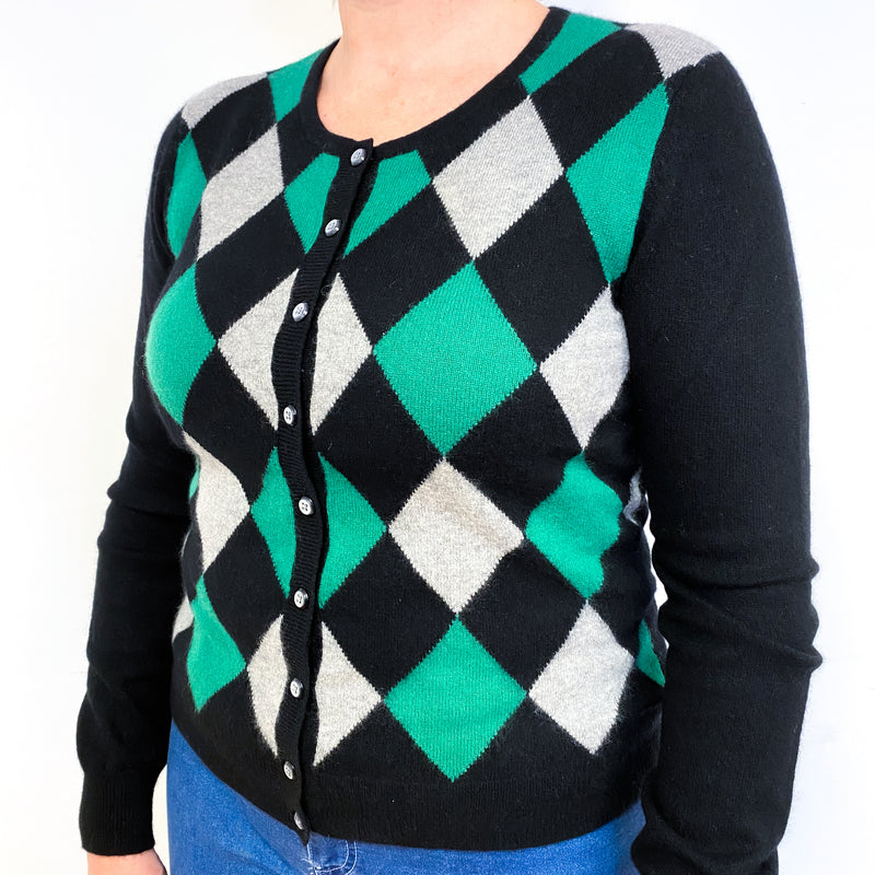 Black Green Diamond Cashmere Crew Neck Cardigan Large