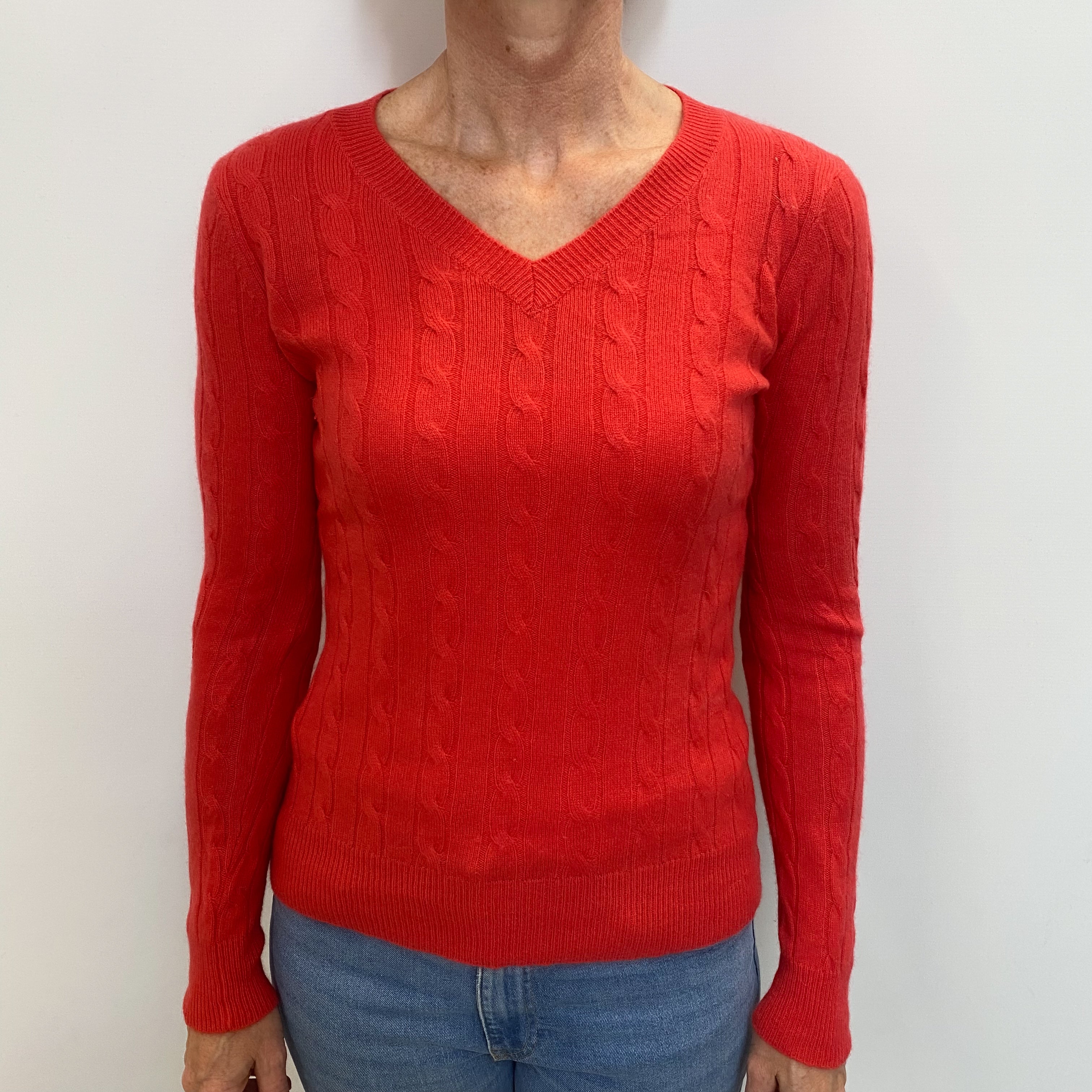 Watermelon Red Cashmere V Neck Cable Knit Jumper Small