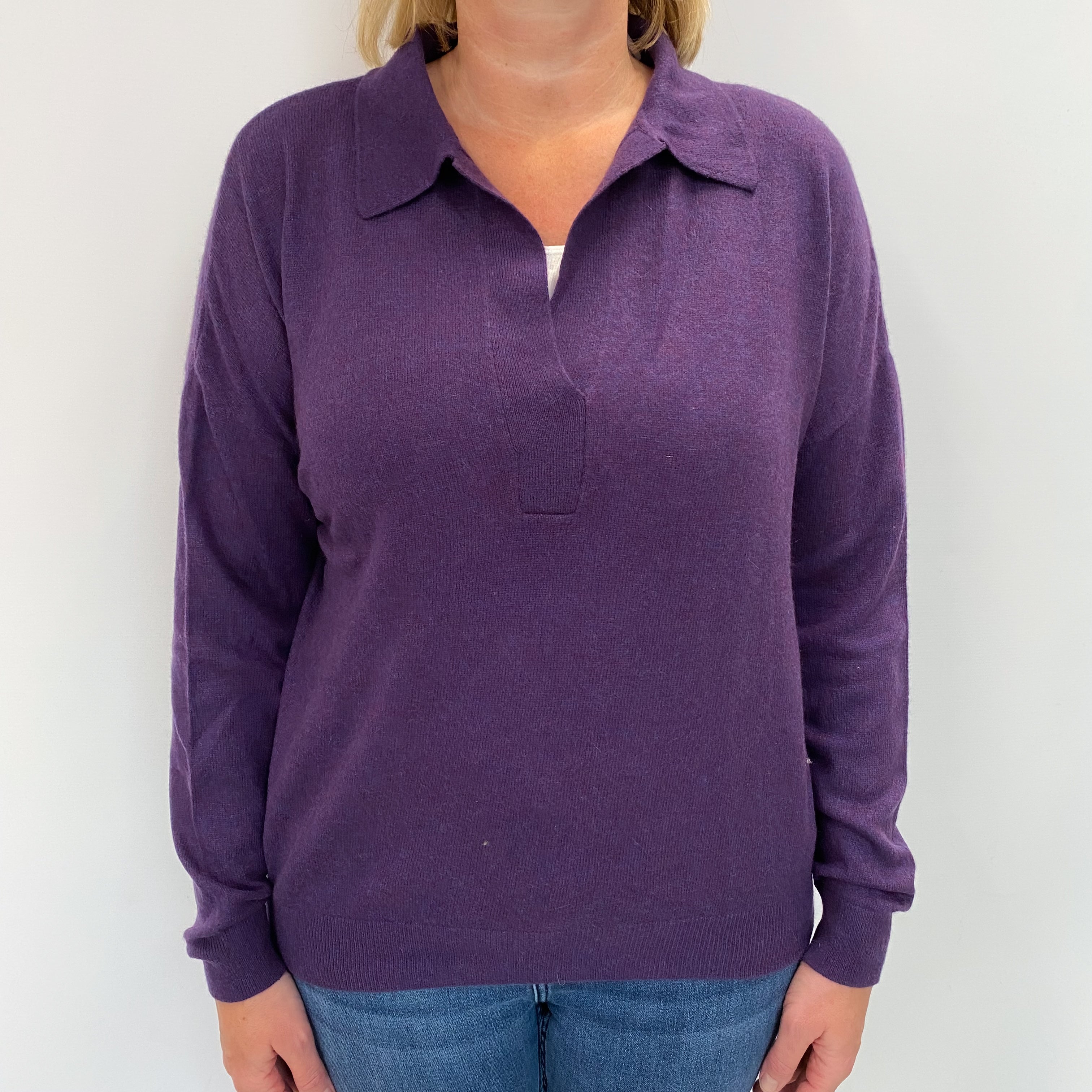 Grape Purple Marl Cashmere Collared V Neck Jumper Large