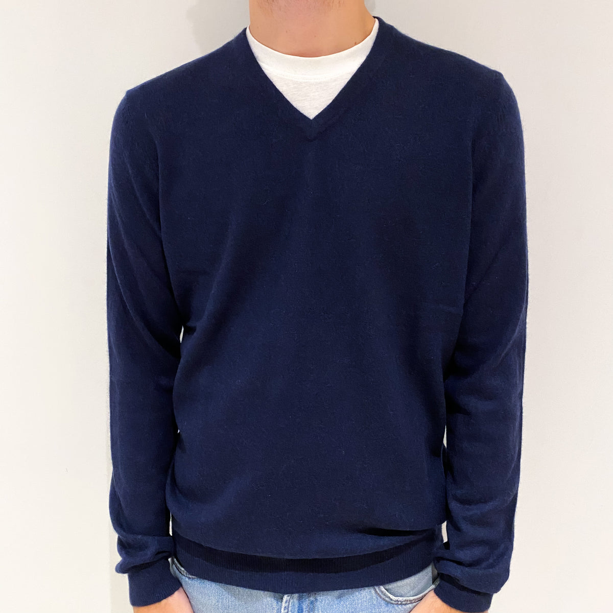 Men's Airforce Blue Cashmere V-Neck Jumper Large