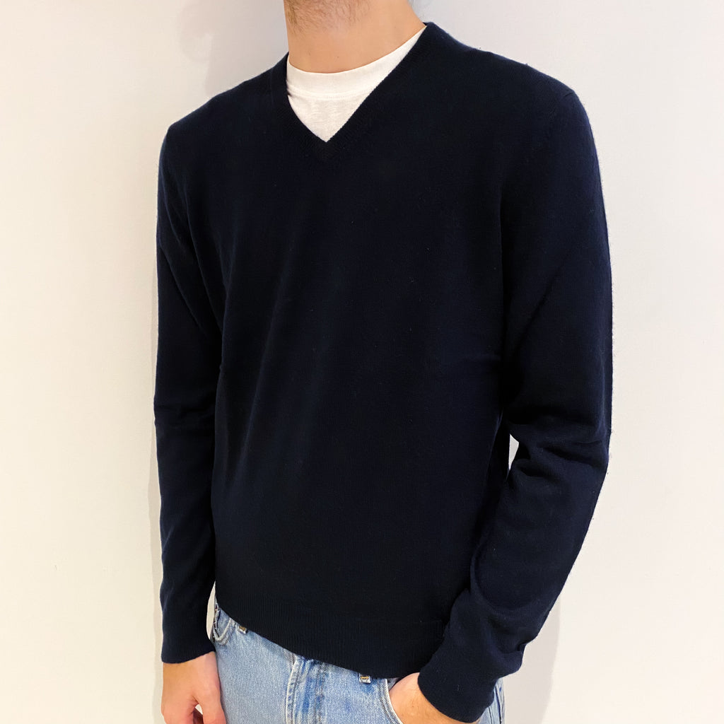 Men's Navy Cashmere V Neck Jumper Medium
