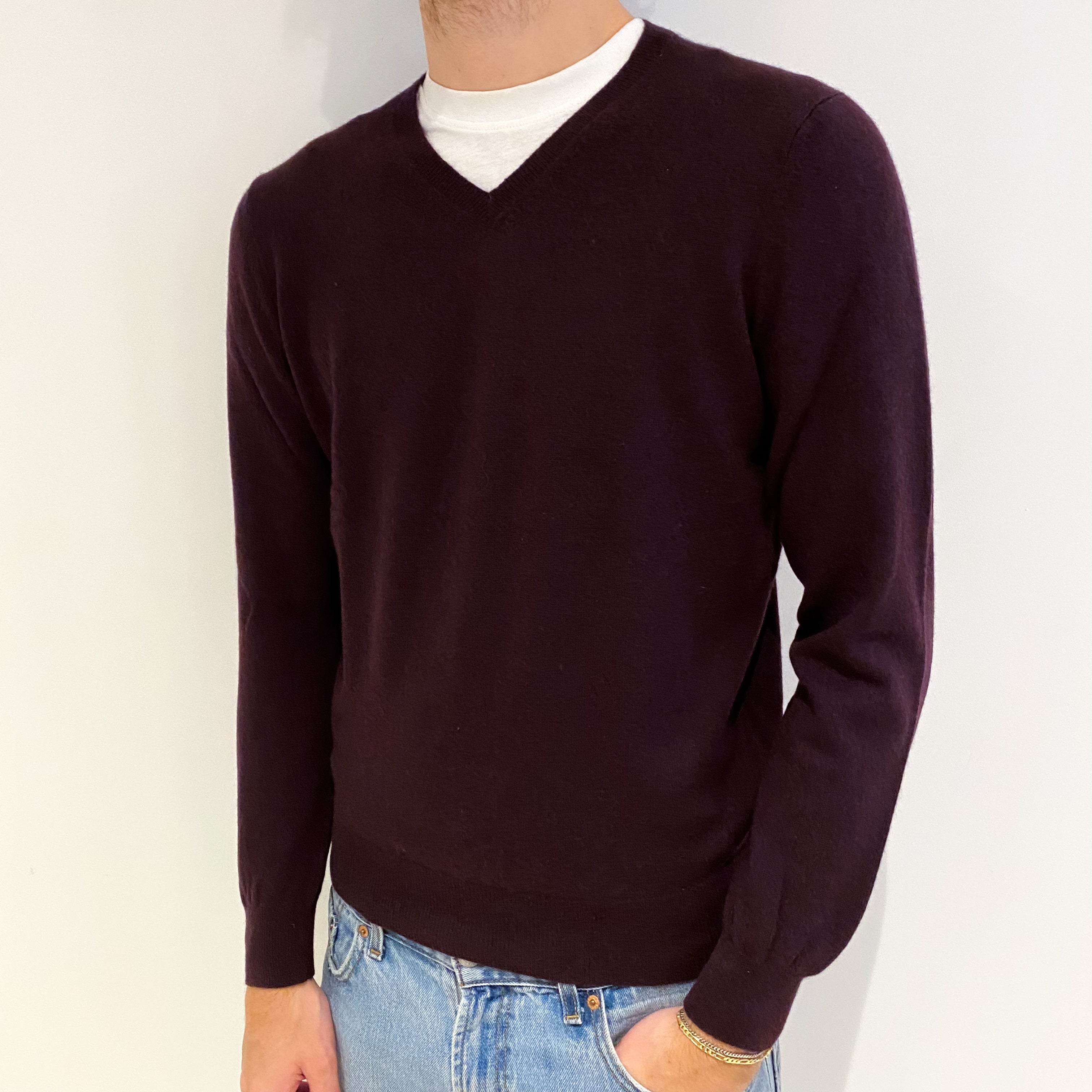 Men's Aubergine Purple Cashmere V Neck Jumper Medium