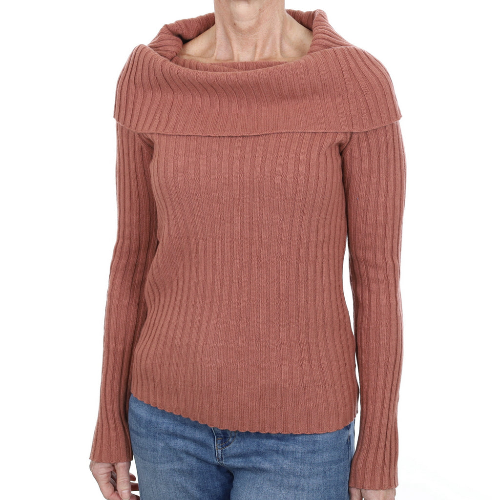 Theory Terracotta Pink Cashmere Cowl Neck Ribbed Knit Jumper Small