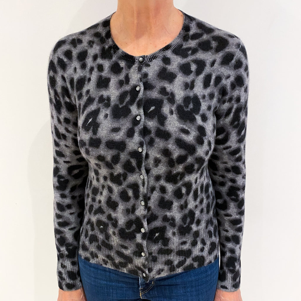 Grey Animal Print Cashmere Crew Neck Cardigan Medium
