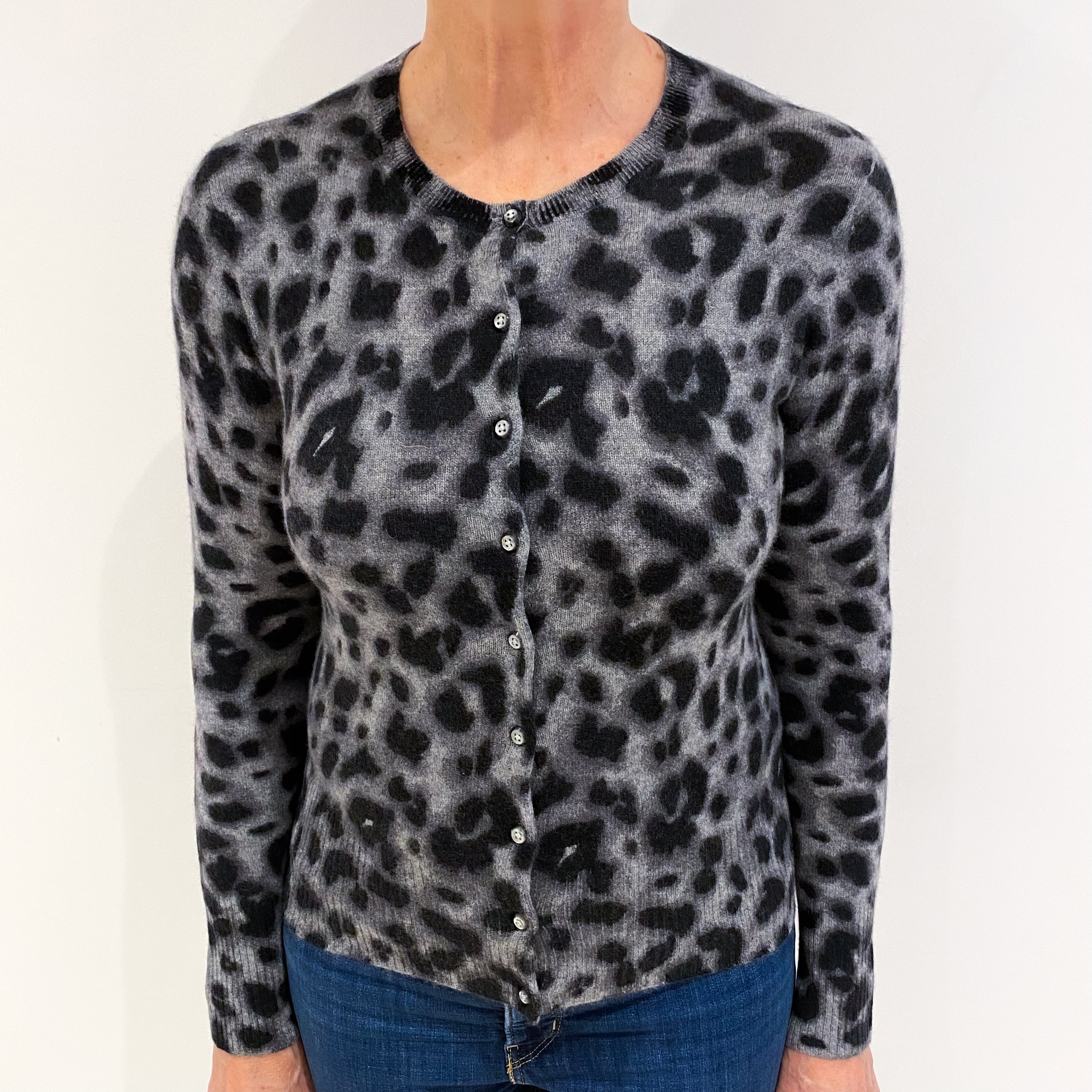 Grey Animal Print Cashmere Crew Neck Cardigan Medium