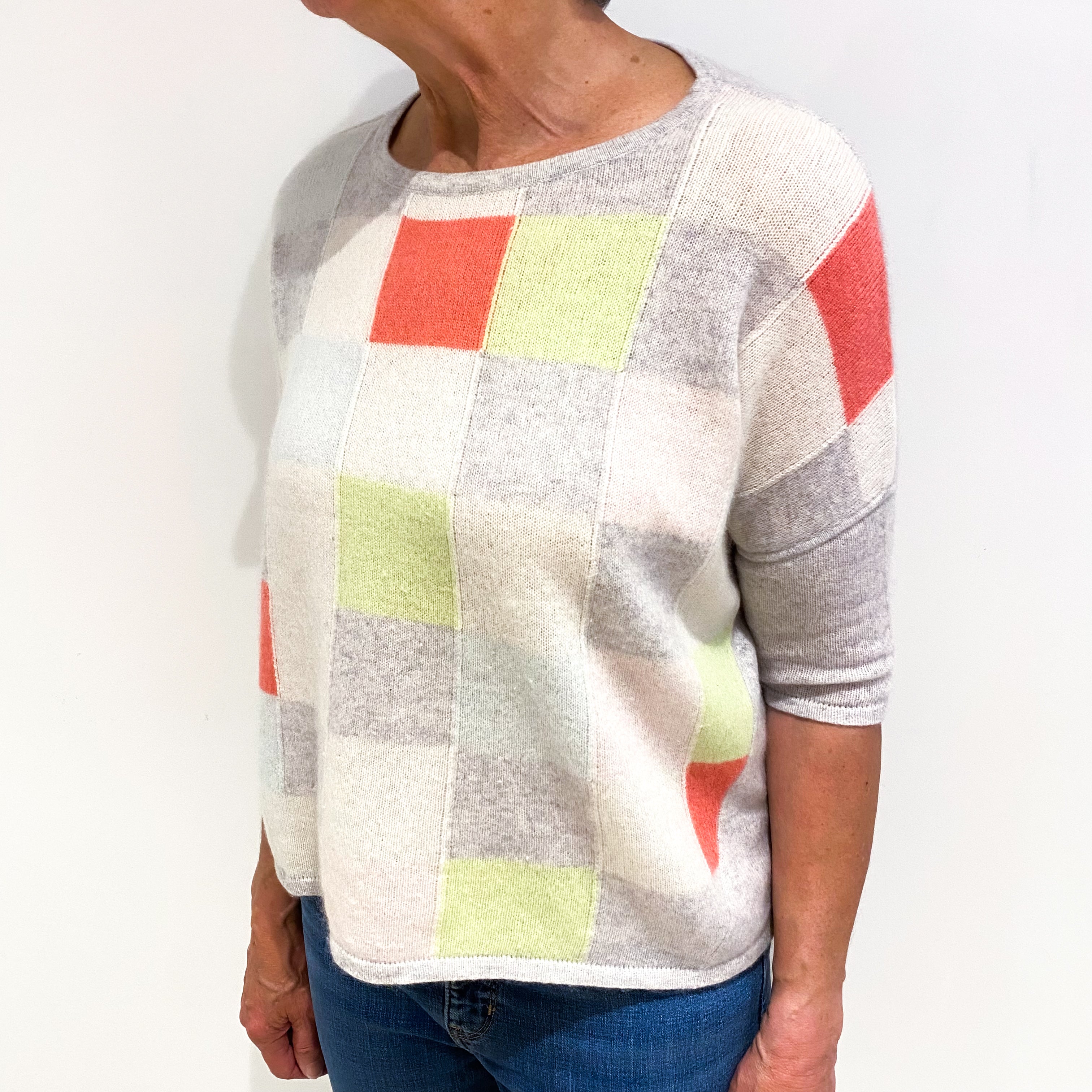 Grey Colour Block Cashmere Crew Neck Jumper Medium