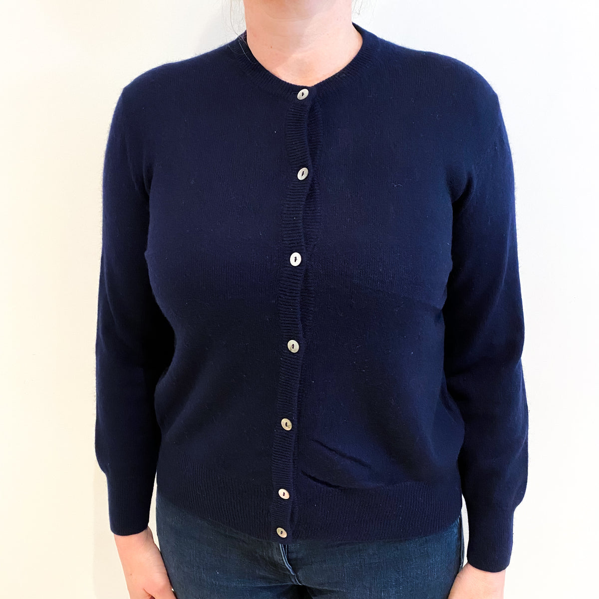 Navy Blue Cashmere Crew Neck Cardigan Large