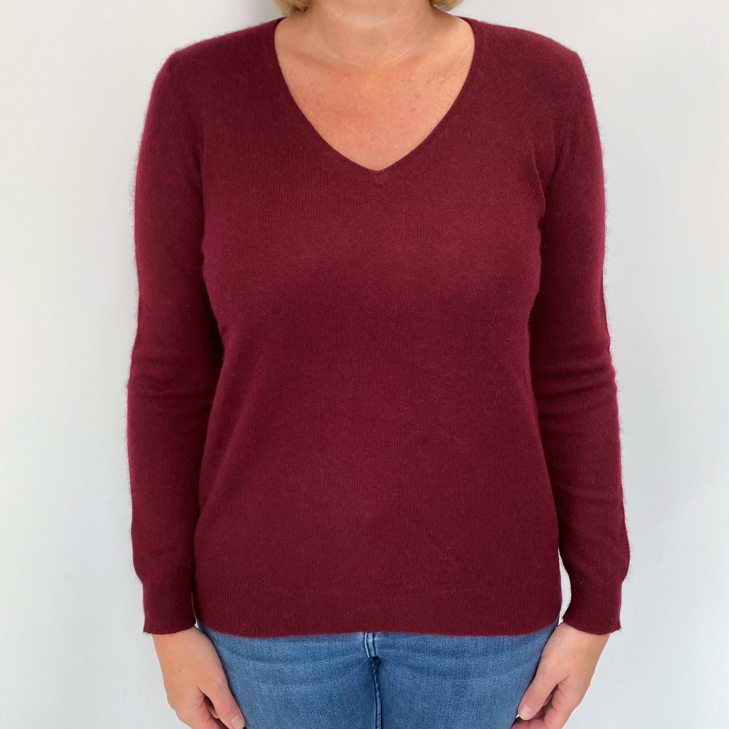 Deep Burgundy Cashmere V Neck Jumper Large