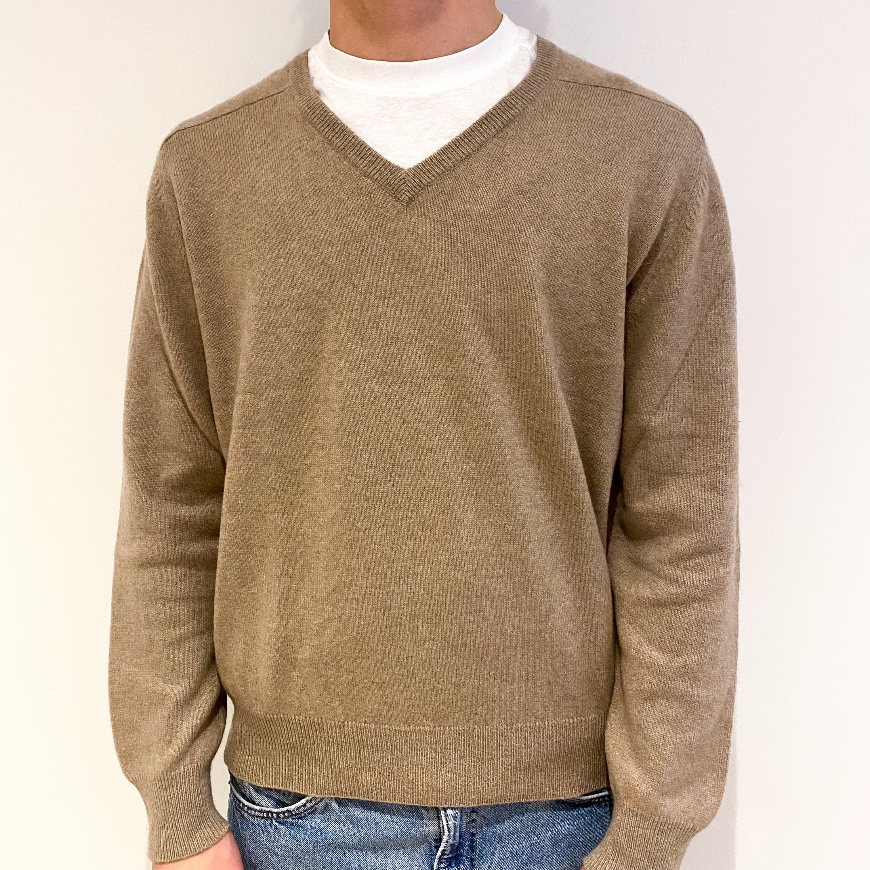 Men's Taupe Brown Cashmere V-Neck Jumper Medium