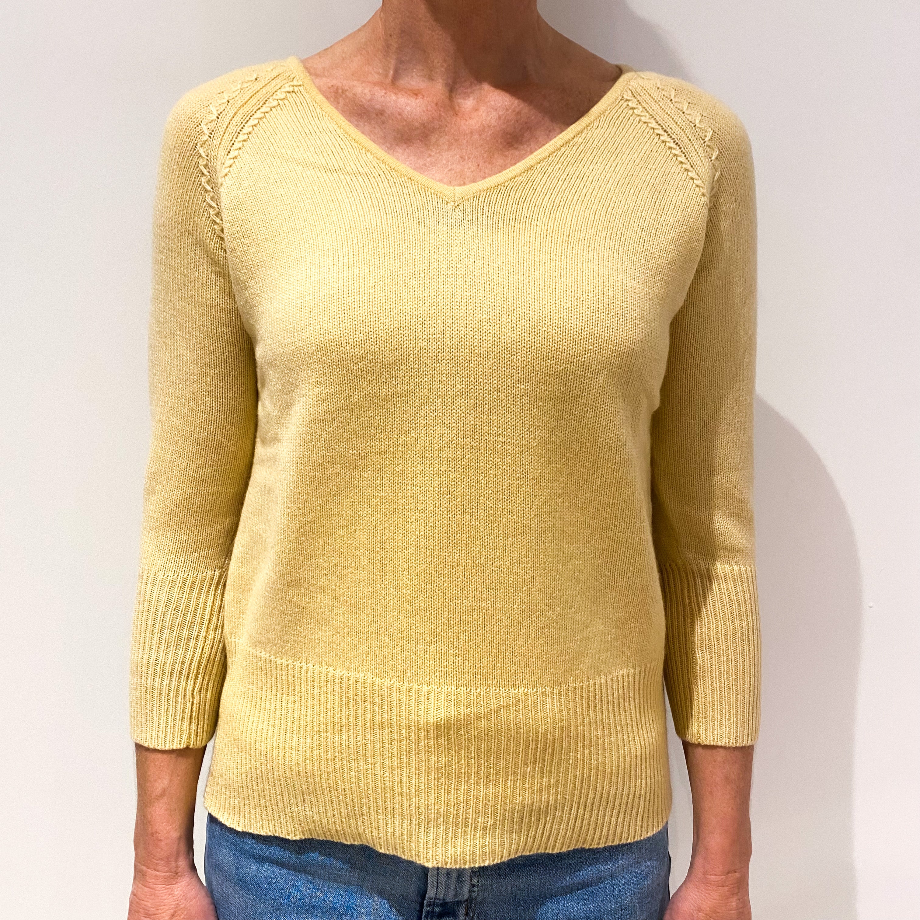 Lemon Yellow 3/4 Sleeve Cashmere V-Neck Jumper Small