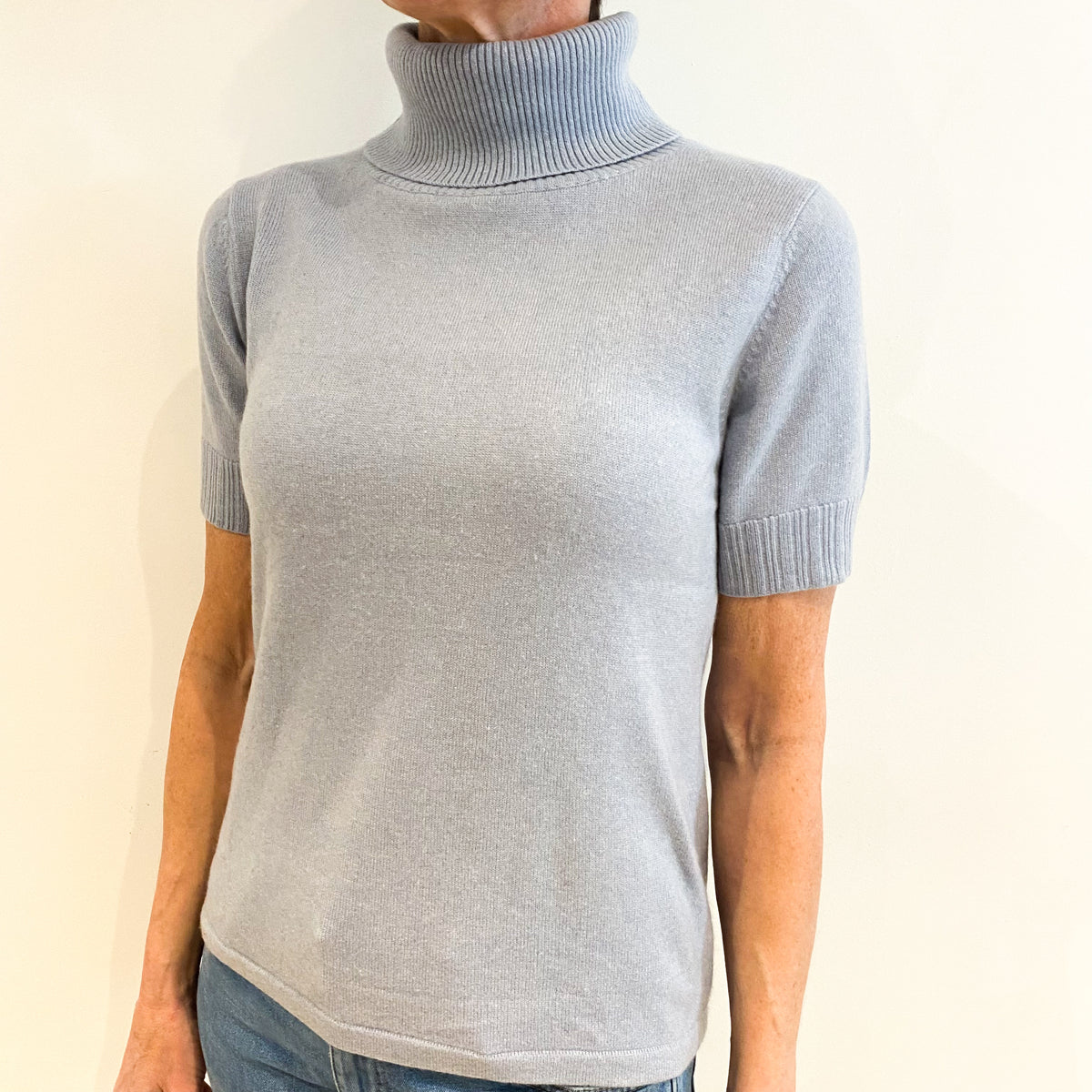 Opal Blue Cashmere Polo Neck Short Sleeved Jumper Small