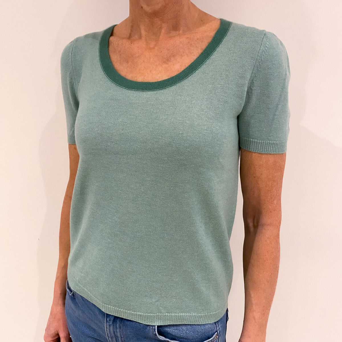 Mint Green Cashmere Short Sleeved Crew Neck Jumper Small