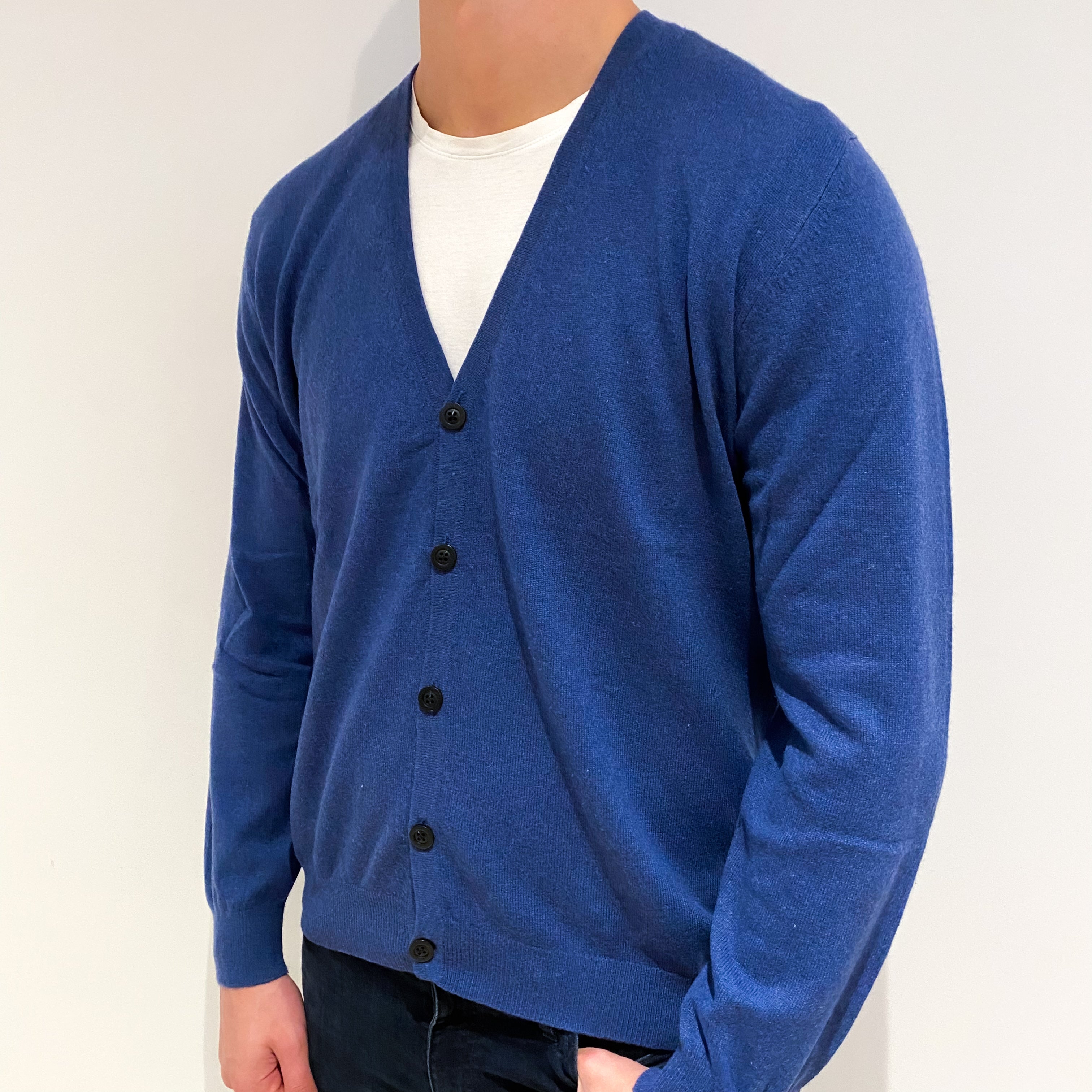 Men's Denim Blue Cashmere V Neck Cardigan XL
