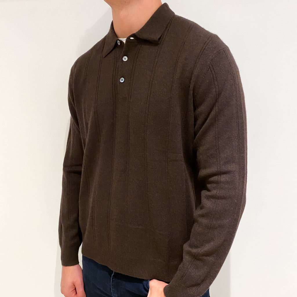 Men's Mole Brown Cashmere 1/4 Button Collared Jumper Extra Large