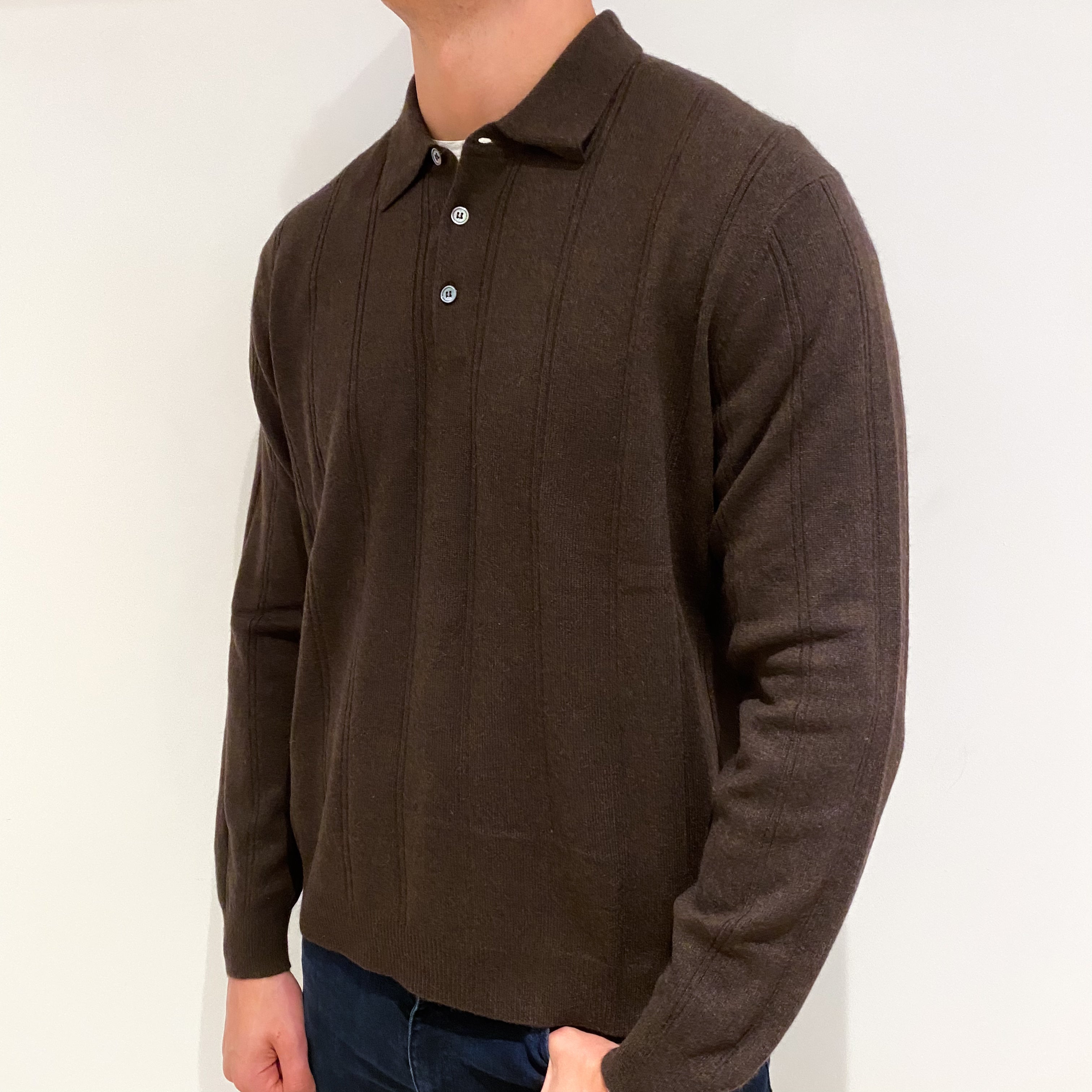 Men's Mole Brown Cashmere Quarter Button Collared Jumper Extra Large