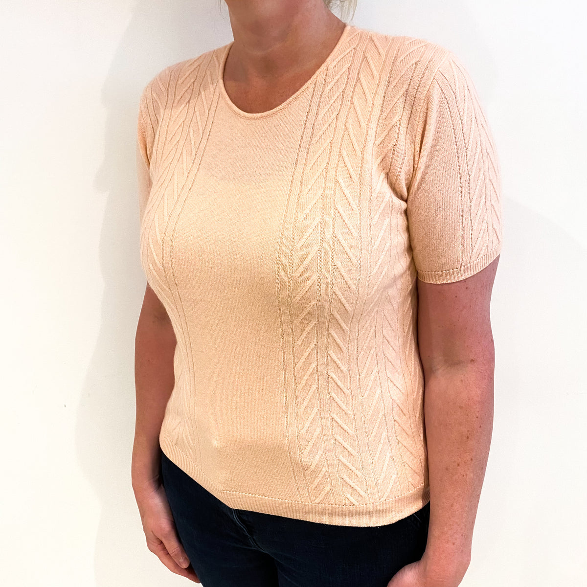 Shell Pink Cashmere Crew Neck Short Sleeved Jumper Large