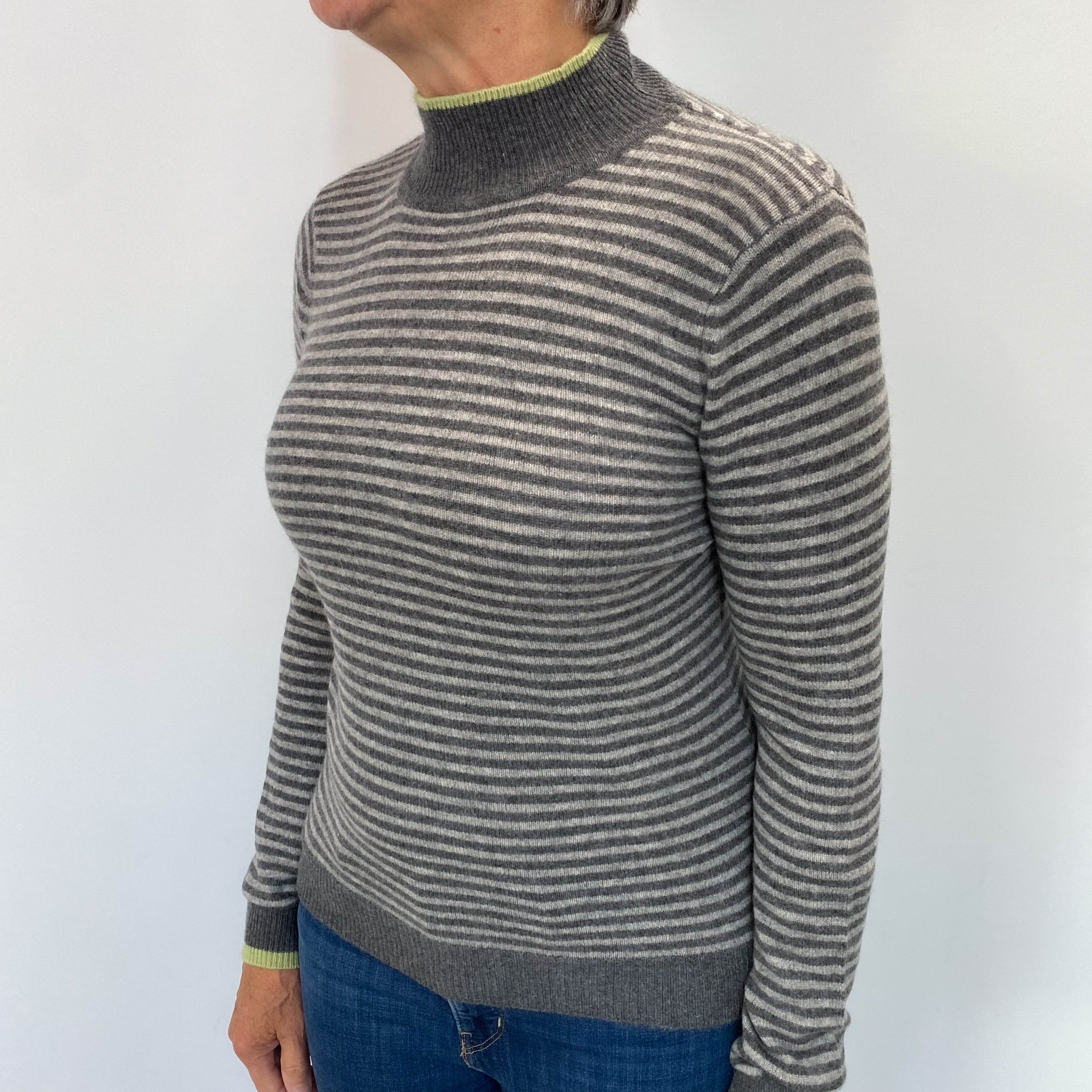 Ash Grey Striped Cashmere Polo Neck Jumper Medium