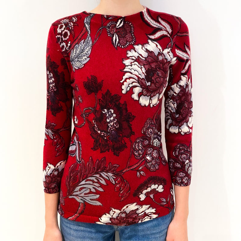 Red Floral Print 3/4 Sleeve Cashmere Crew Neck Jumper Extra Small