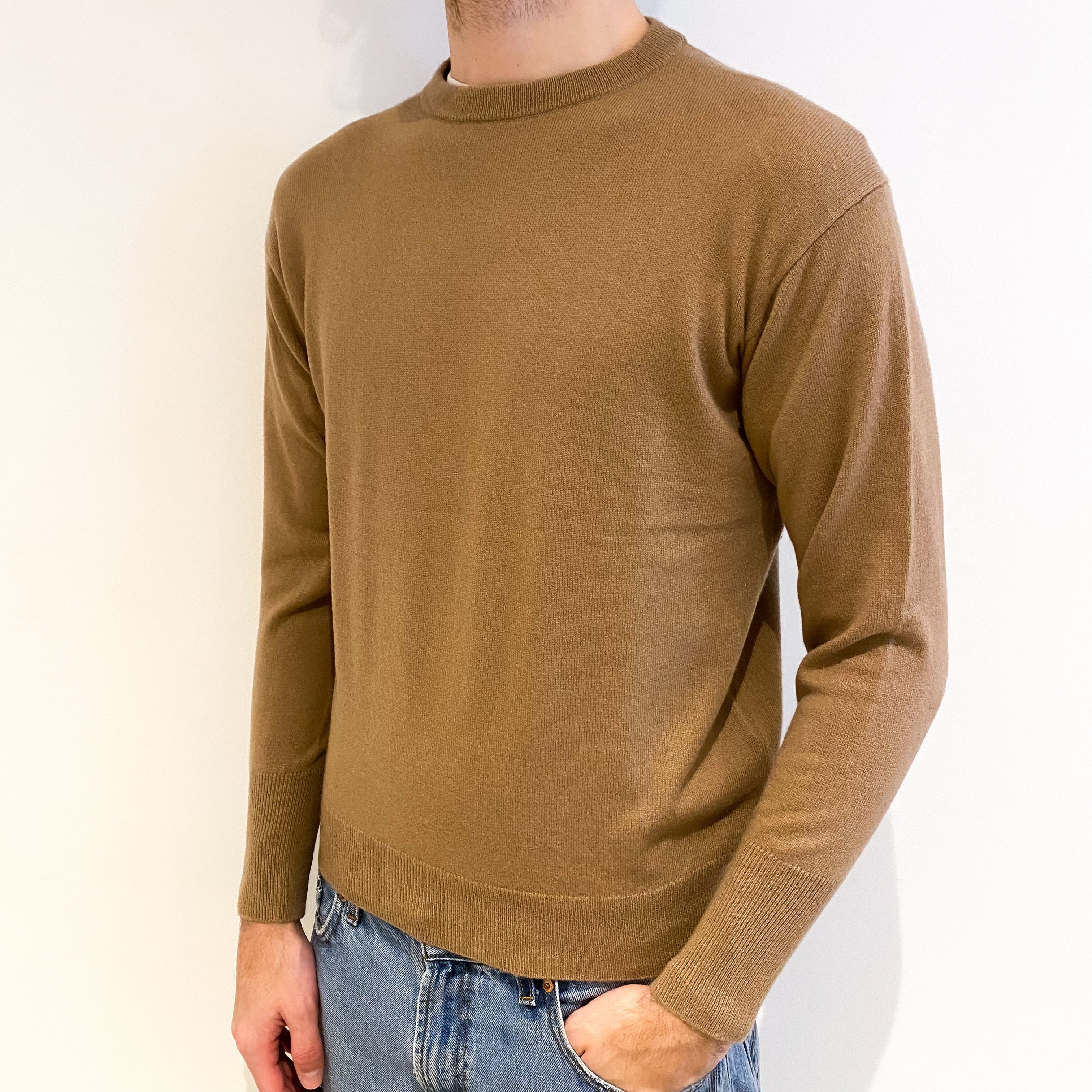Men's Camel Brown Cashmere Crew Neck Jumper Medium