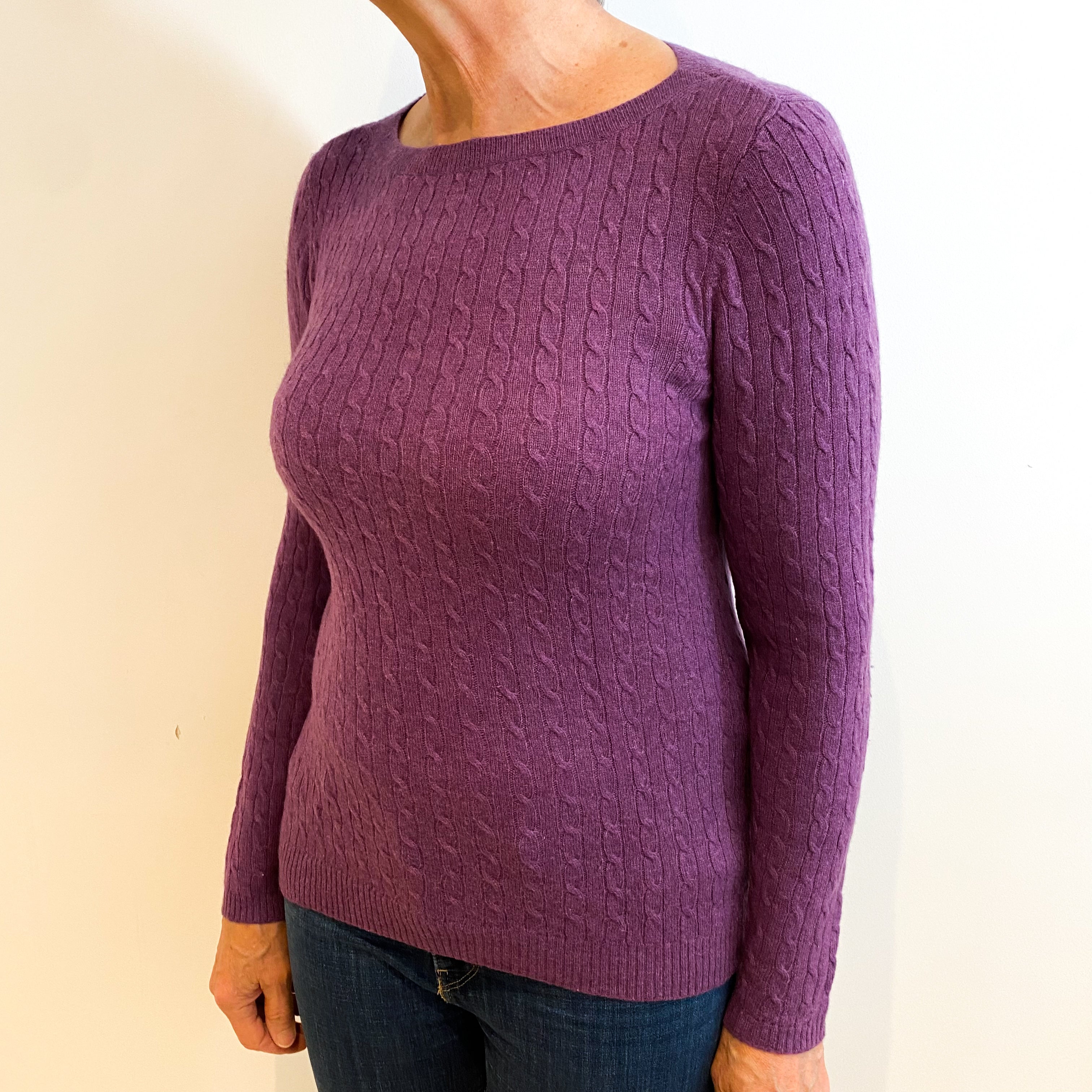 Plum Purple Cashmere Crew Neck Cable Knit Jumper Medium