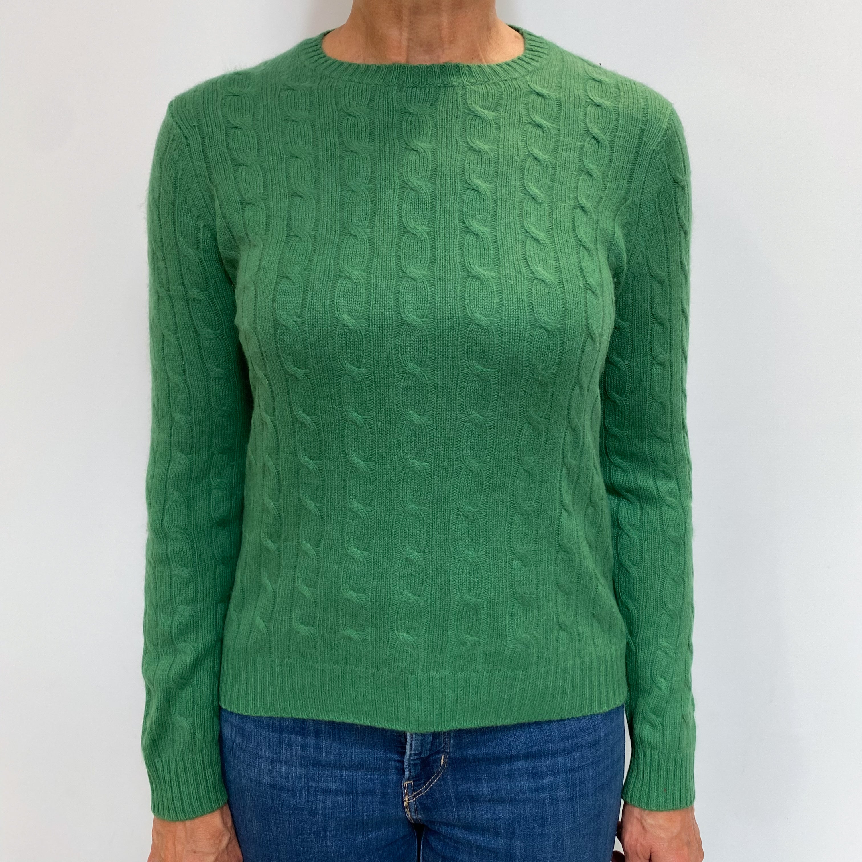 Fern Green Cashmere Crew Neck Cable Knit Jumper Medium