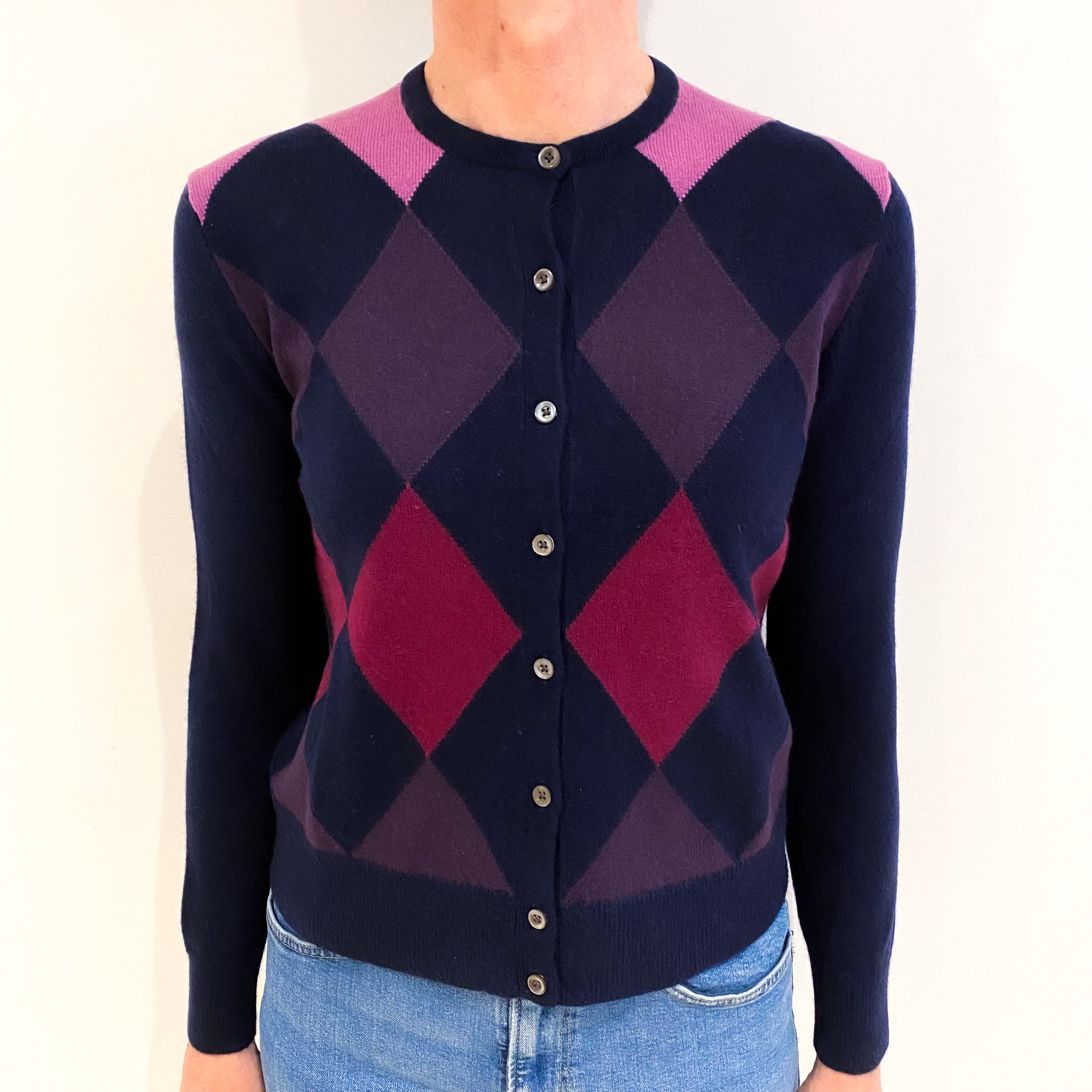 Navy Purple Diamond Pattern Cashmere Cardigan Small