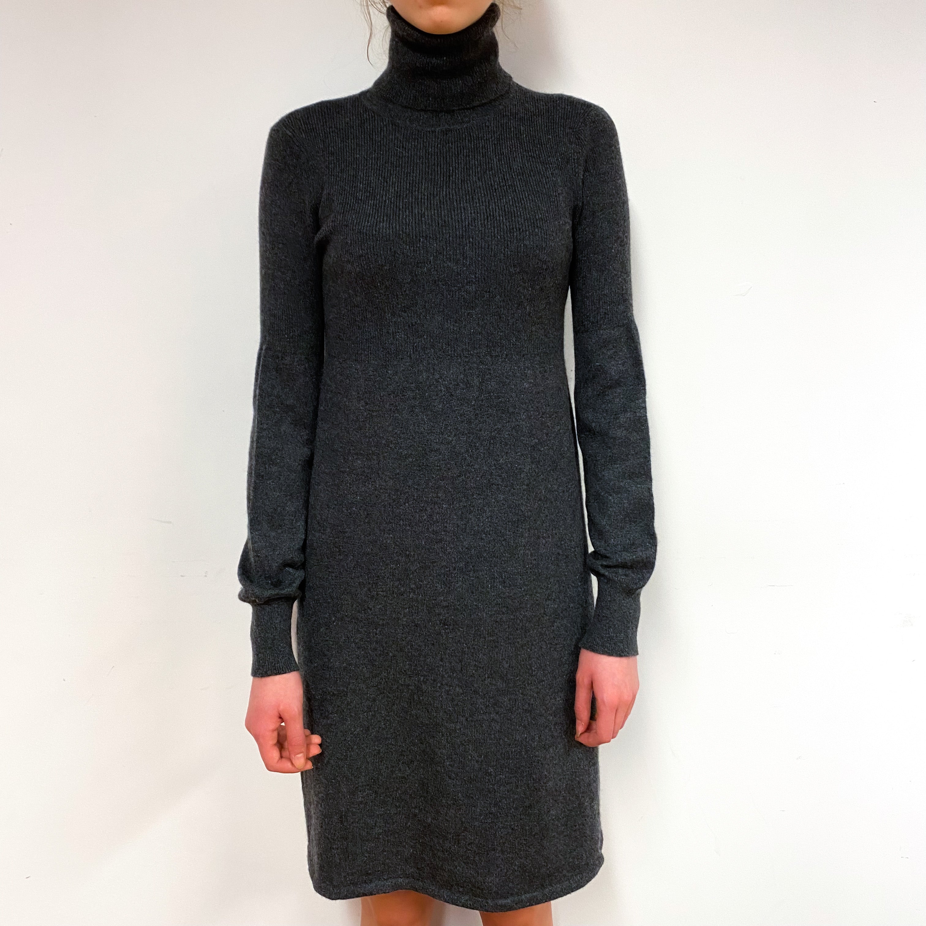 Charcoal Grey Balloon Sleeve Cashmere Polo Neck Dress Extra Small