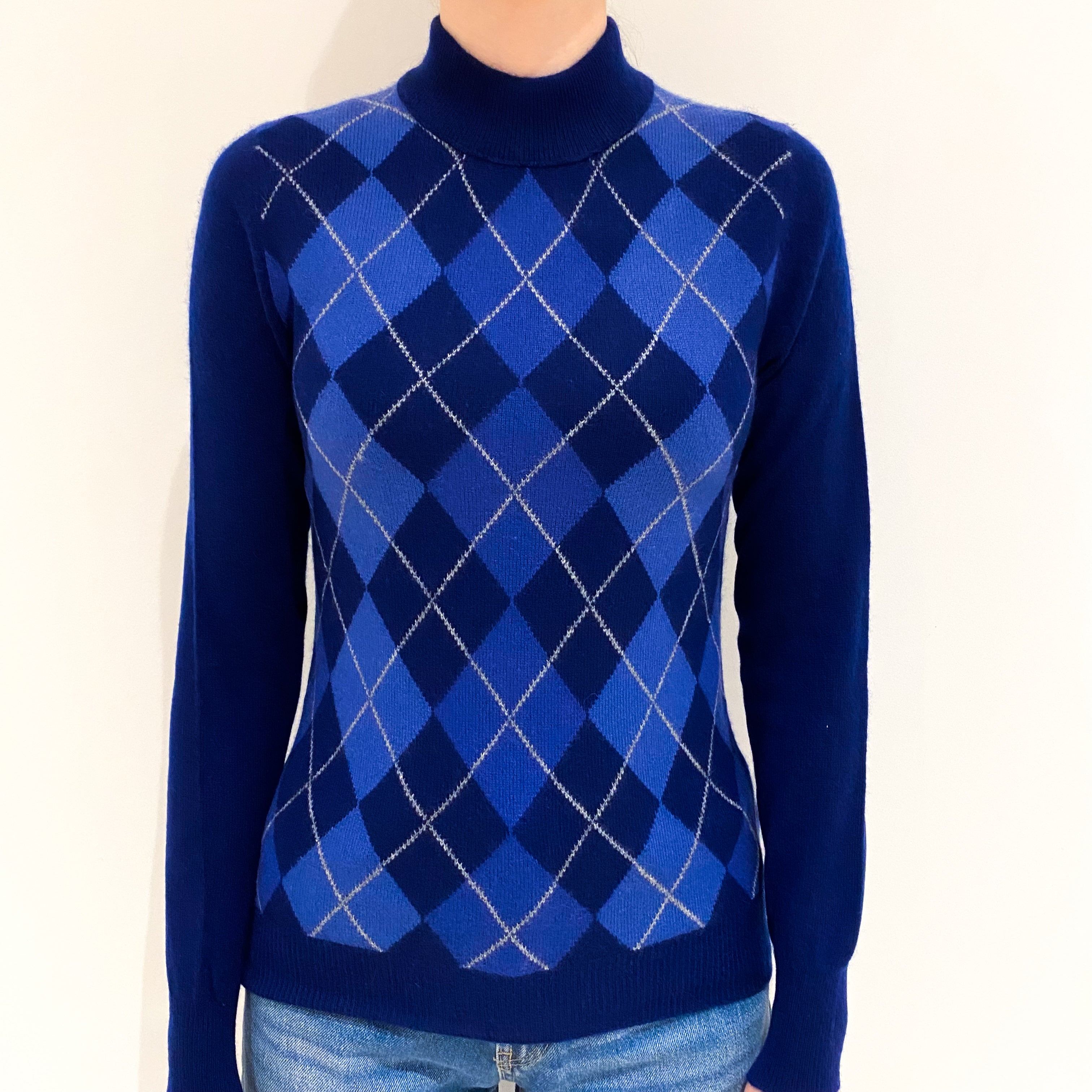 French Navy Blue Argyle Front Cashmere Turtle Neck Jumper Extra Small